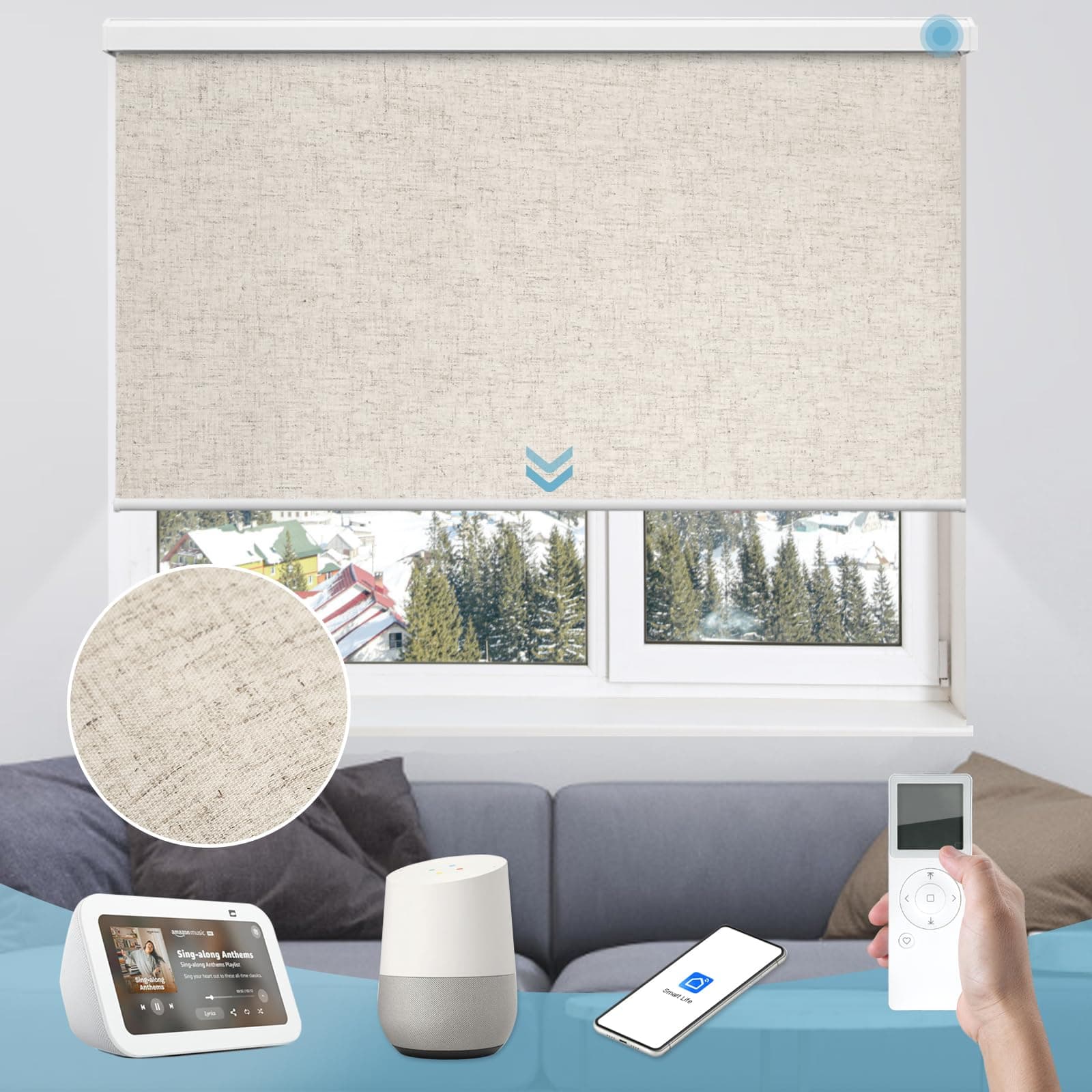 Motorized Roller Shade, Smart Blackout Shade for Window with Remote, Automatic Blind for Smart Home, Free Stop Cordless Shade Customized Size (Linen Beige)