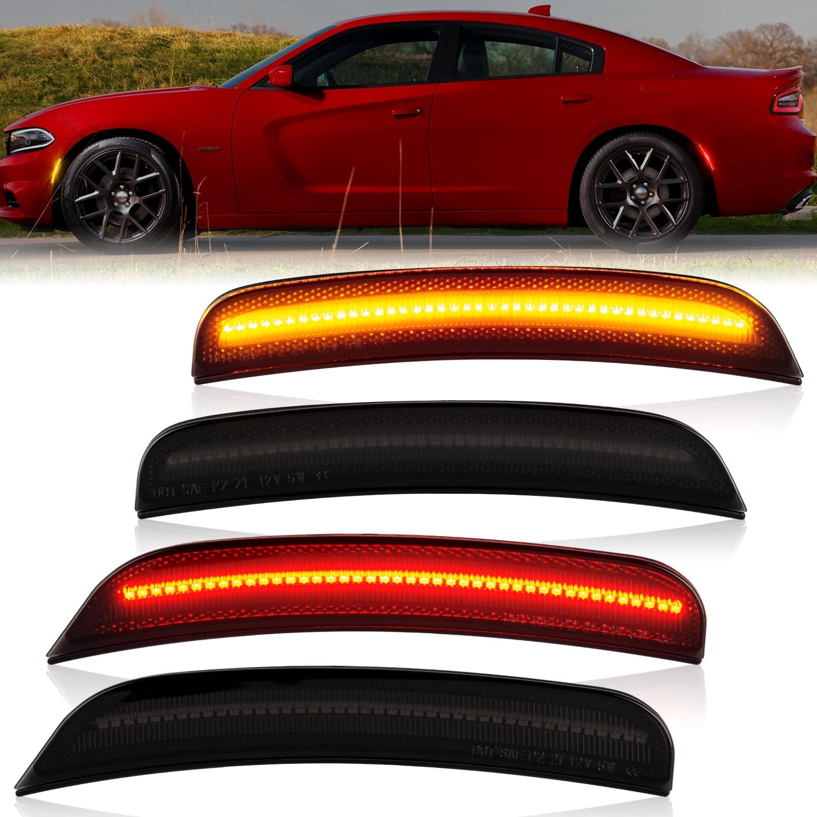 Gempro LED Side Marker Lights Compatible with Dodge Charger LD 2015-2023 Front Rear Bumper Marker Lamps Smoked Len, 4PCS (Amber Red)