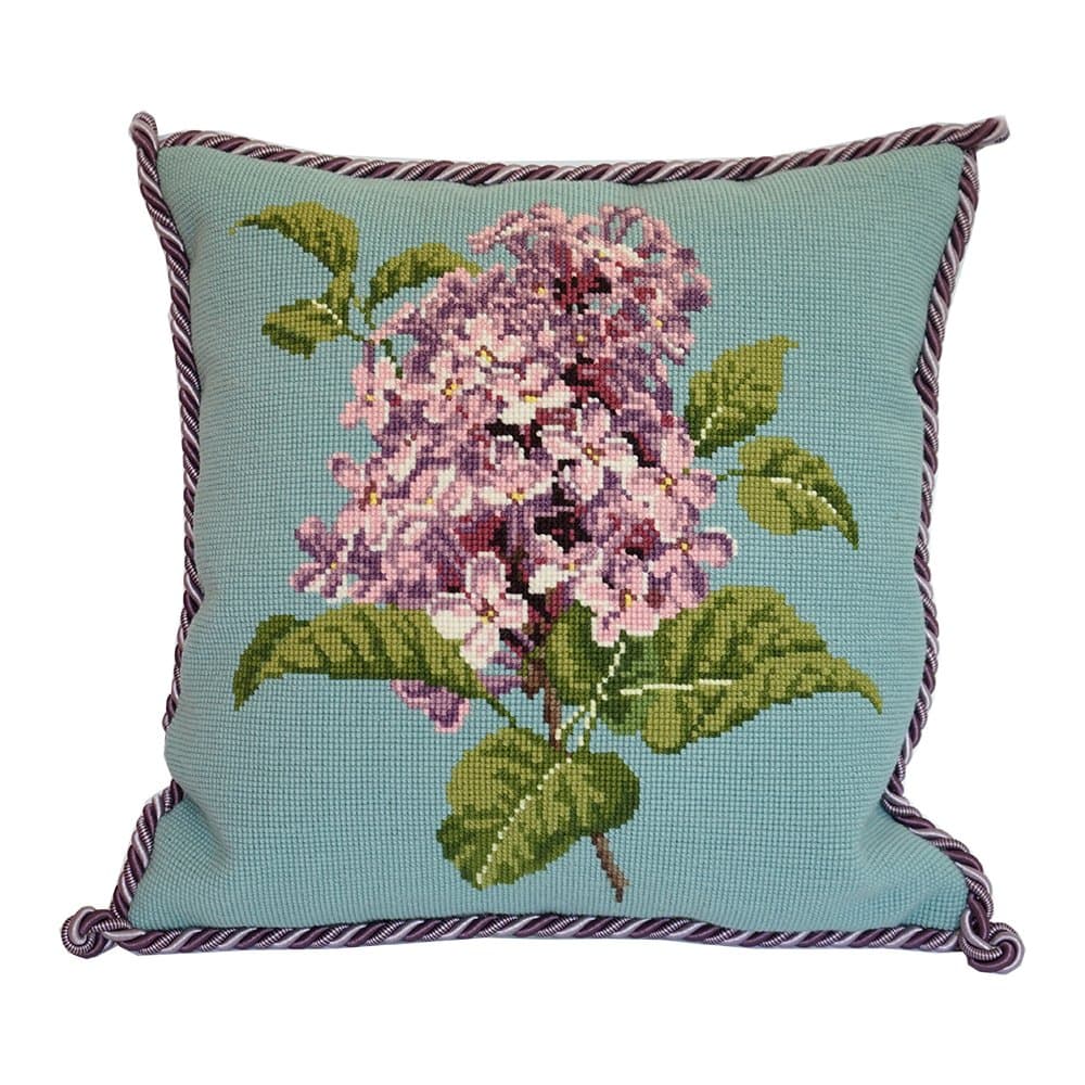 Lilac Needlepoint Tapestry Kit on Duck Egg Blue background from Elizabeth Bradley premium English needlework project with 100% wool yarns. From The Blooms Collection.