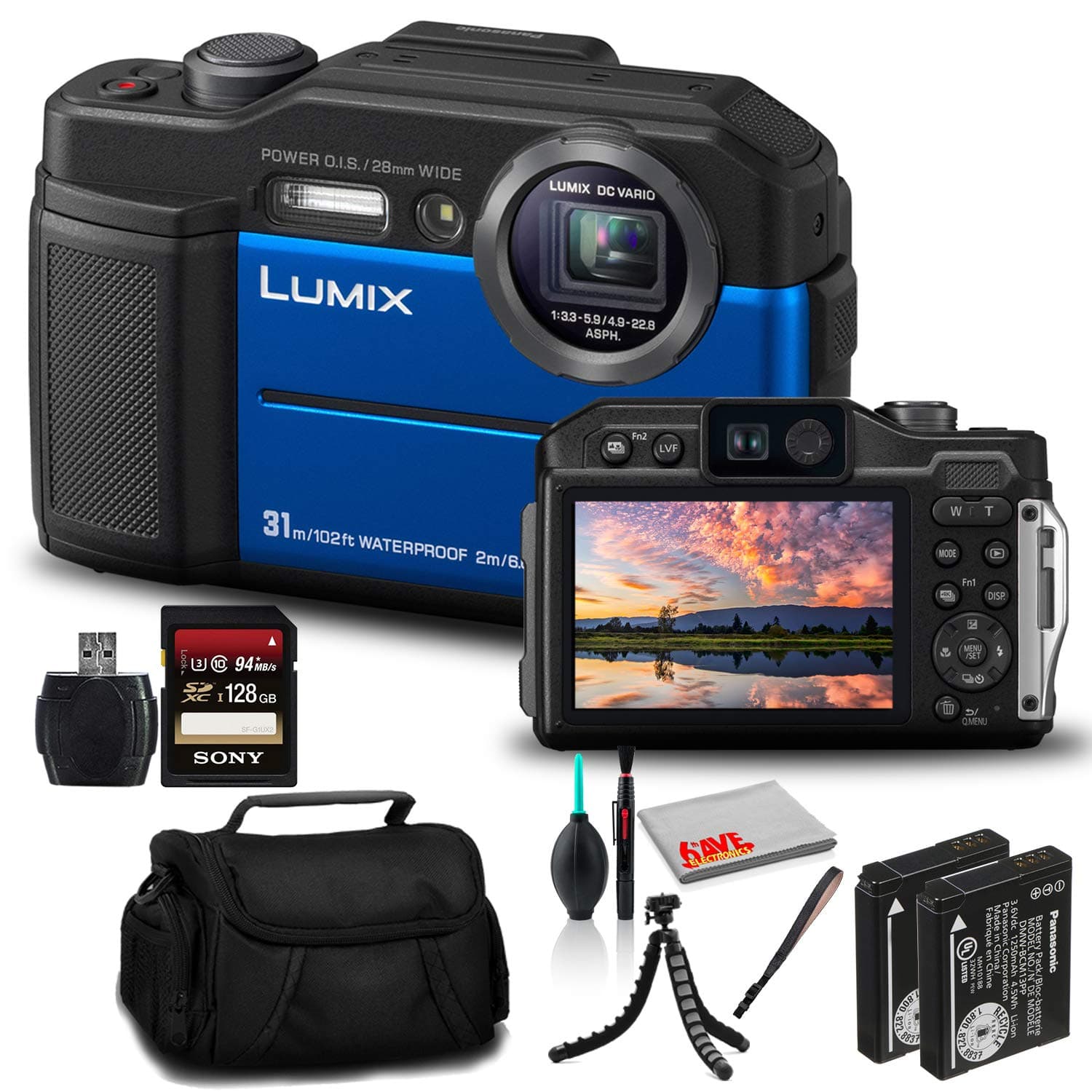 Panasonic Lumix DC-TS7 Digital Camera (Blue) (DC-TS7A) - Bundle - with 128GB Memory Card + 12 Inch Flexible Tripod + Camera Bag + Cleaning Set + DMW-BCM13 Battery + USB Card Reader