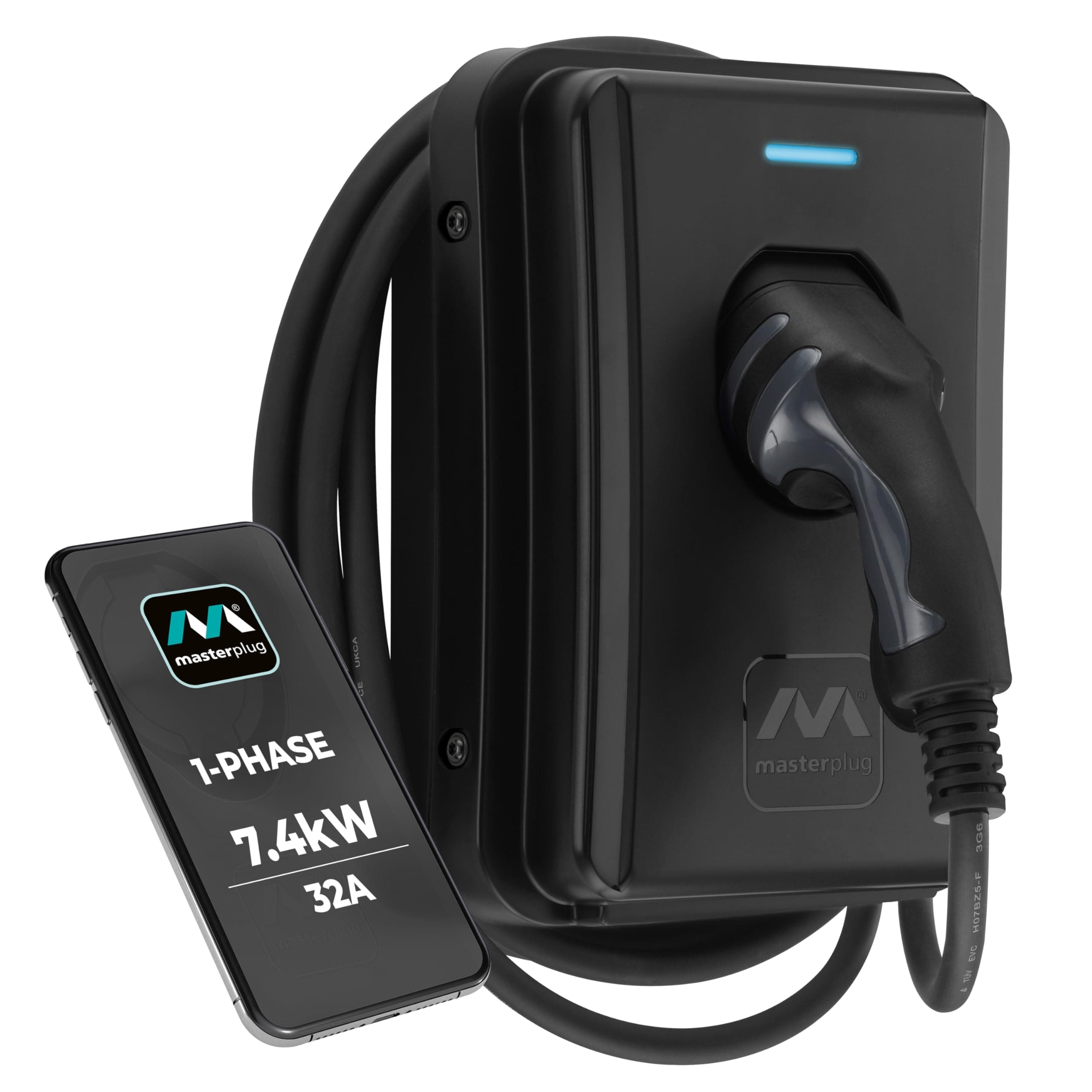 Smart EV Home Wall Charger for Type 2 Electric and Plug-In Hybrid Vehicles, Tethered with 5m Cable, Mode 3, App Control, Solar Charging, Single Phase, Black, IP55, 7.4kW, 32A, EVCM3ST7B-MP