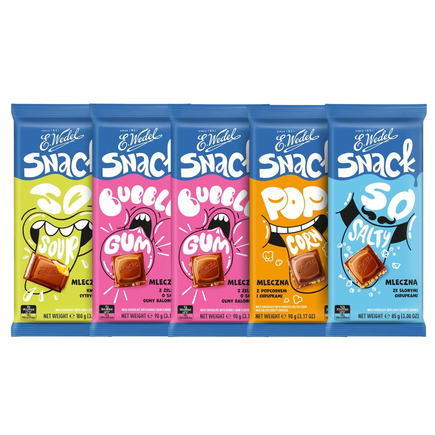 E.Wedel Flavoured Milk Chocolate Bars Multipack 455g x Pack of 5 - Bulk Chocolate Snack Bars Chocolate Gift Bundle for Kids Adults Chocolat Gifts Box Bubble Gum Sour Lemon Popcorn Popping Candy Bars