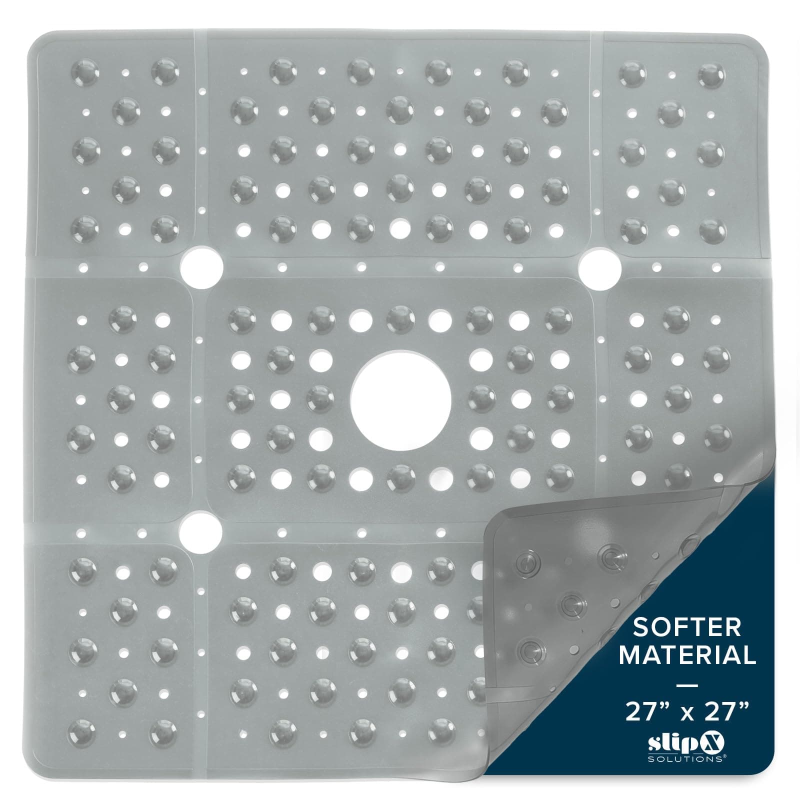 27" Oversize Square Shower Mat, Non-Slip Mat for Elderly & Kids, 100+ Power Grip Suction Cups for Smooth Surfaces, Machine Washable, Translucent Gray