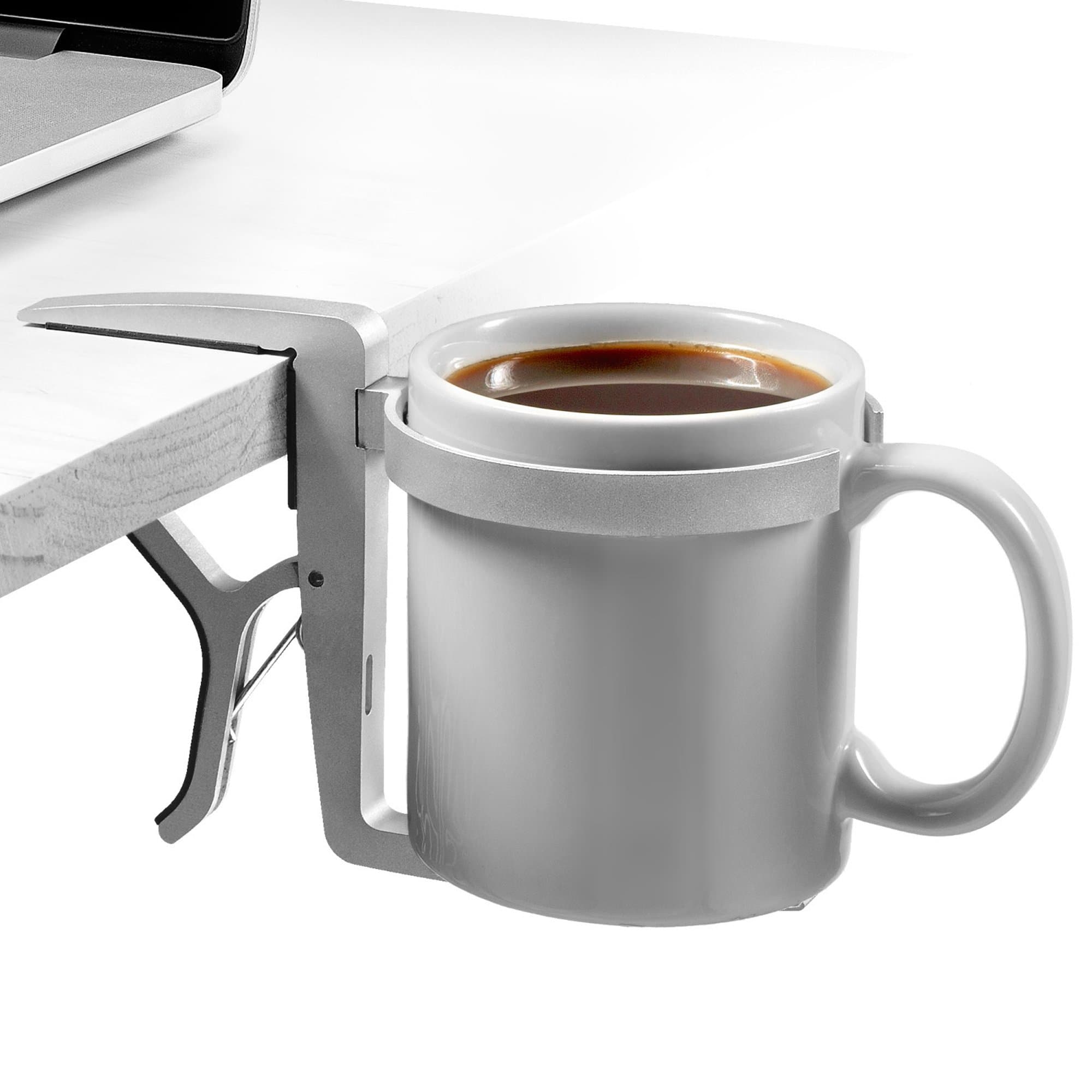 Vector Cup Holder / Vector Drink Holder - Clip-on, Clamp-on, Foldable, Portable & Adjustable Universal Cup Holders / Drink Holders (Silver Aluminum) for Travel, Airplanes, Desks, Tables & Wheelchairs