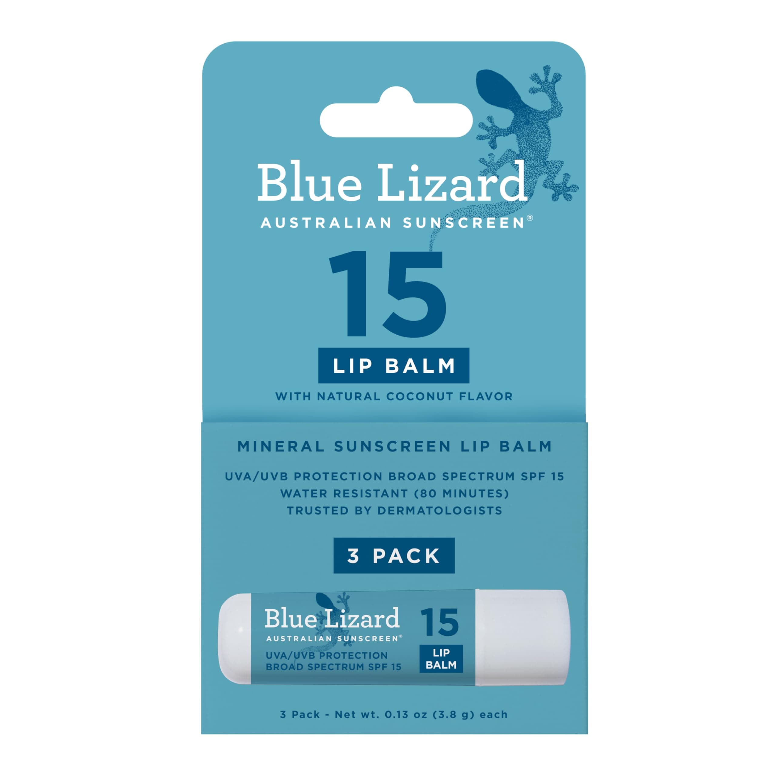 3-Pack Blue Lizard Mineral SPF 15 Lip Balm: Broad Spectrum Sun Protection, Natural Coconut Flavor, 8 Natural Oils, Infused with Australian Kakadu Plum, Rich in Vitamin C, Vegan, Each Tube 0.13 oz.