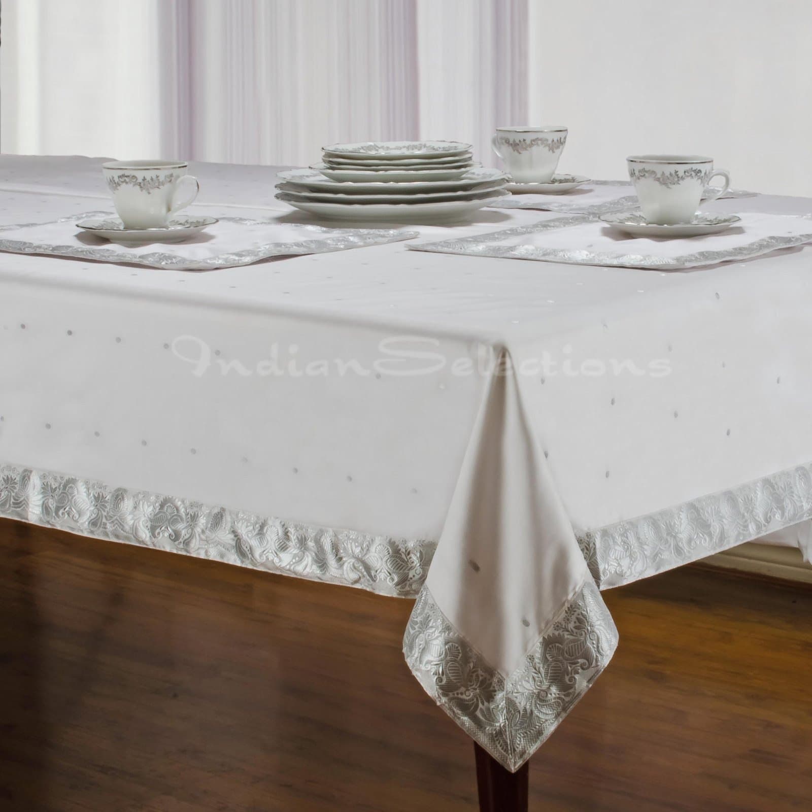 White Silver - Handmade Sari Square Tablecloth (India) - 52" X 52"