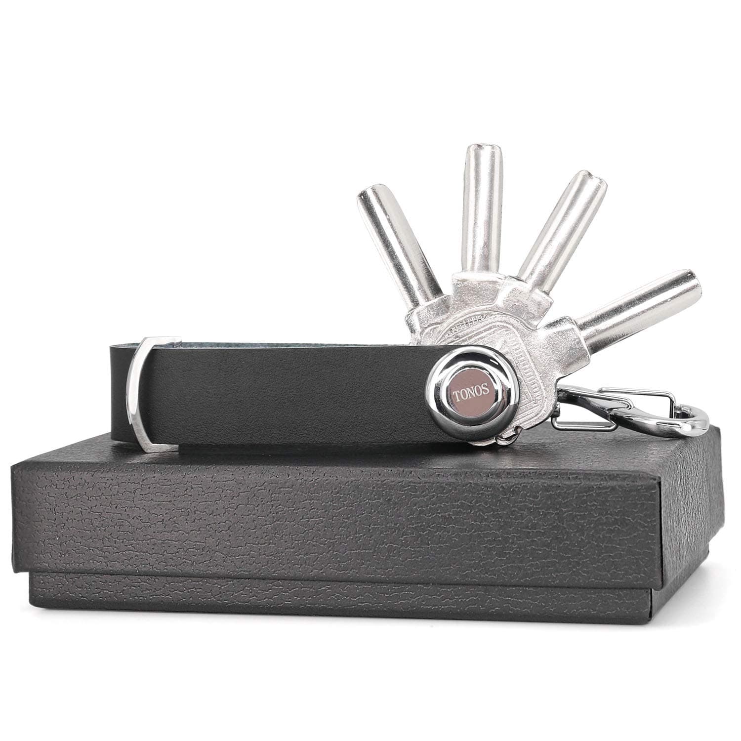 TONOS Compact Leather Key Holder/Organizer Secure Locking Mechanism - Expandable Key Holder (8 Keys) Slim Smart Key Chain Made by Premium Quality Real Leather (Classic Black)