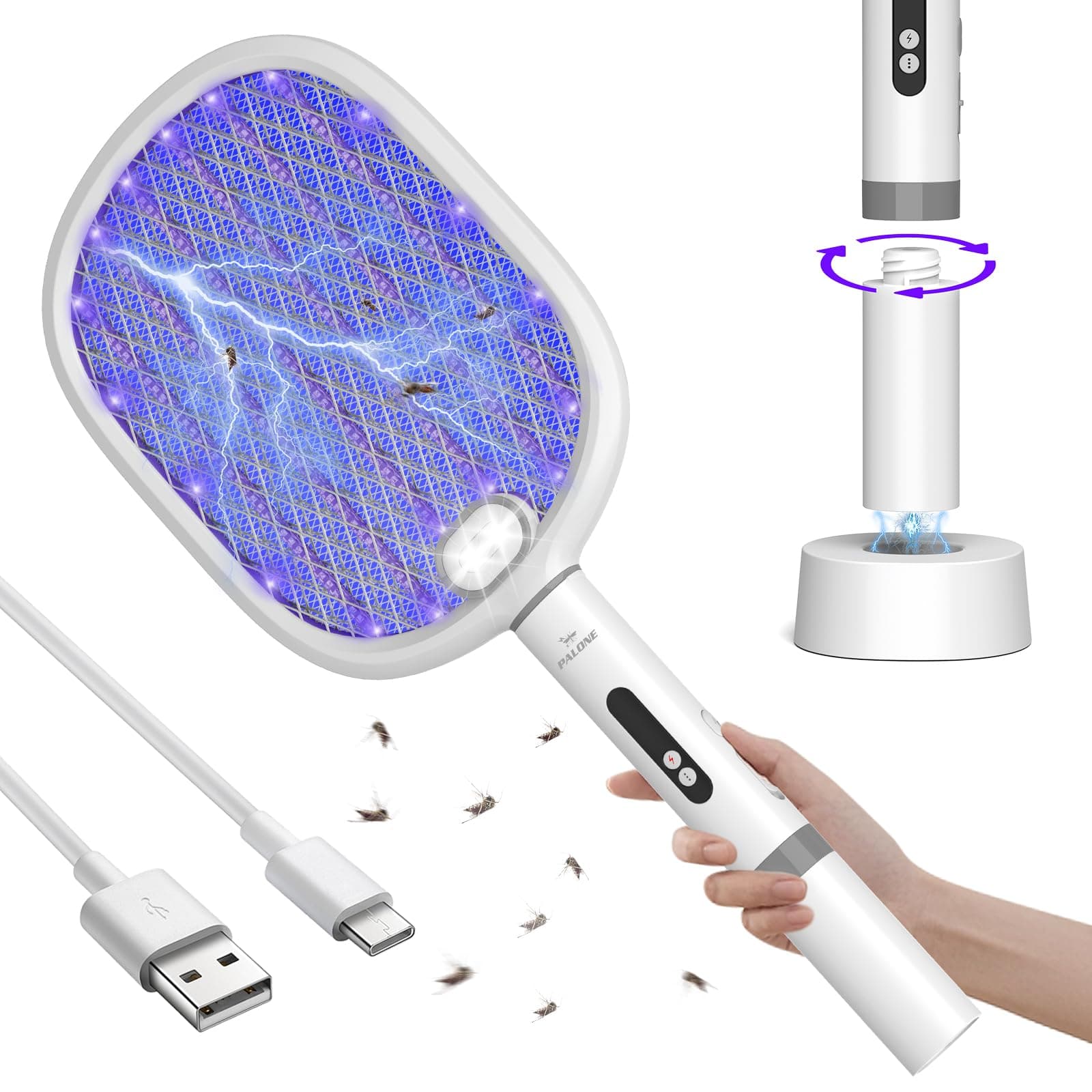 PALONE Electric Fly Swatter, 4000V Bug Zapper USB Fly Killer Rechargeable Bug Zapper, Handy Fly Swatter Racket, Mosquito And Wasp Killer, Insect Killer for Indoor and Outdoor Pest Control (White*1)