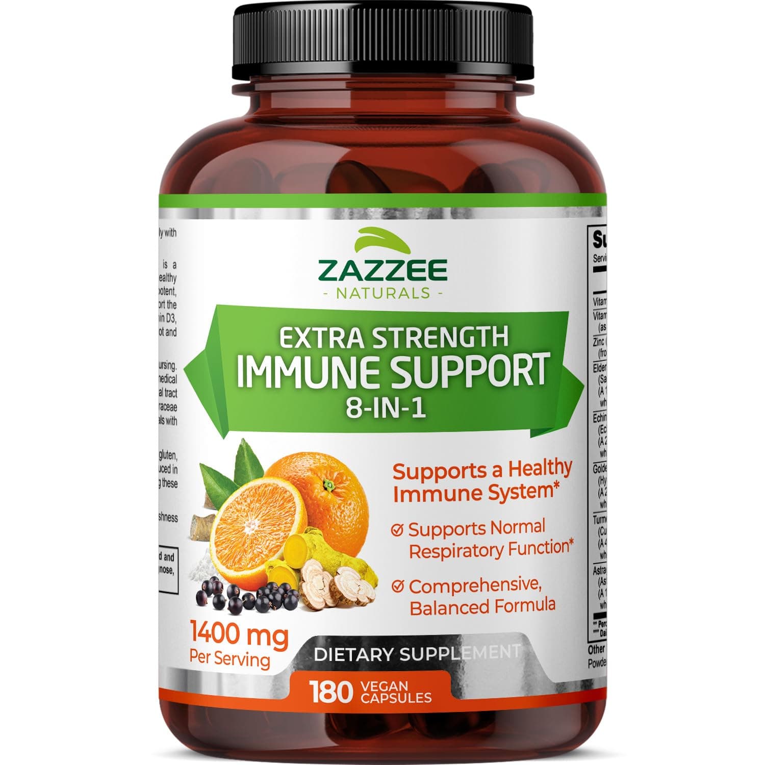 Zazzee Extra Strength 8-in-1 Immune Support, 1400 mg per Capsule, 180 Vegan Capsules, 1000 mg Vitamin C, 1000 IU D3, Zinc, Elderberry, Echinacea, Goldenseal, Turmeric, Astragalus, Made in The USA