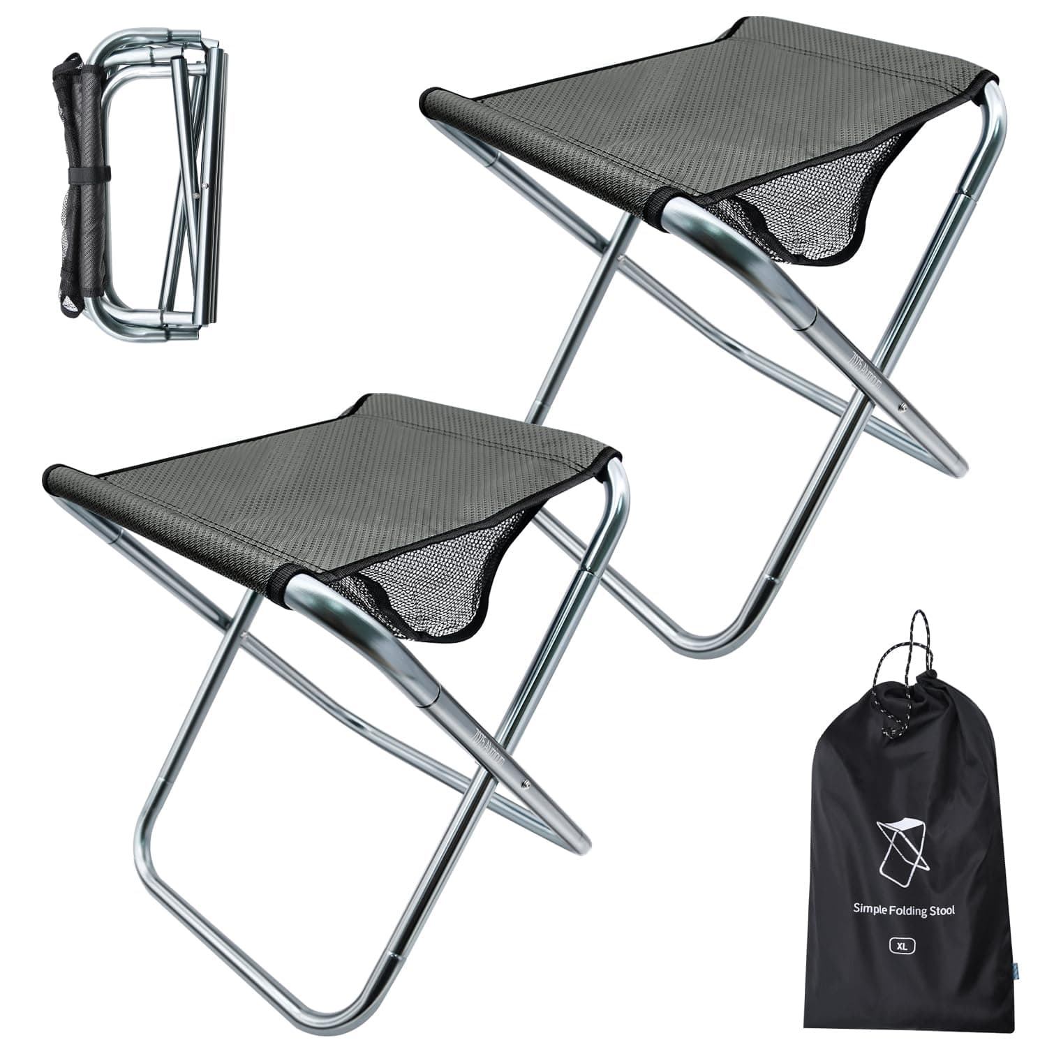 2 Pack Camping Stool, 16in Tall Large Size Folding Stool with Carry Bag, Aluminum Alloy Bracket, 1.5lbs Lightweight, Load Capacity to 300lbs, for Travel, BBQ, Fishing(2 Pack Grey)