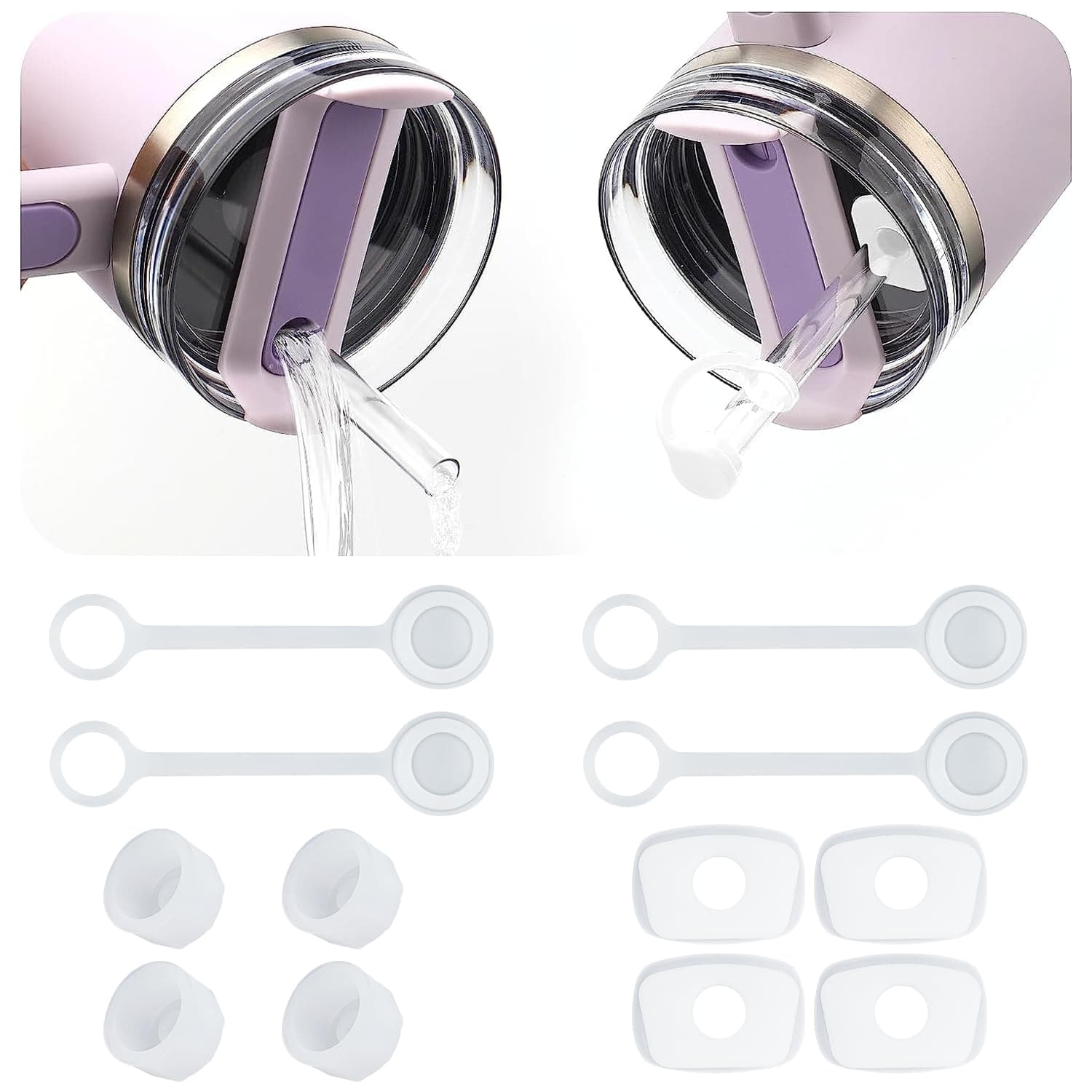 4Sets Silicone Spill Proof Stopper for Stanley 40/30 oz The Quencher H2.0 Flowstate Tumbler with Handle for Stanley Cup Accessories Include Straw Cover Cap Round Leak Stopper Square Spill Stopper