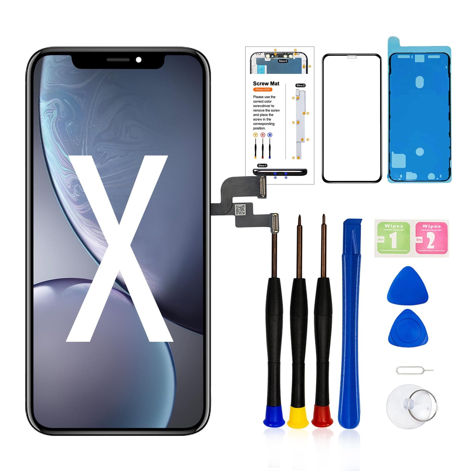 for iPhone X10 Screen Replacement ,5.8 inch LCD Display 3D Touch Screen Digitizer Assembly,Compatible with iPhone X 10 Screen Replacement Kit (A1865,A1901,A1902) with Repair Tools Kit +Tempered Glass