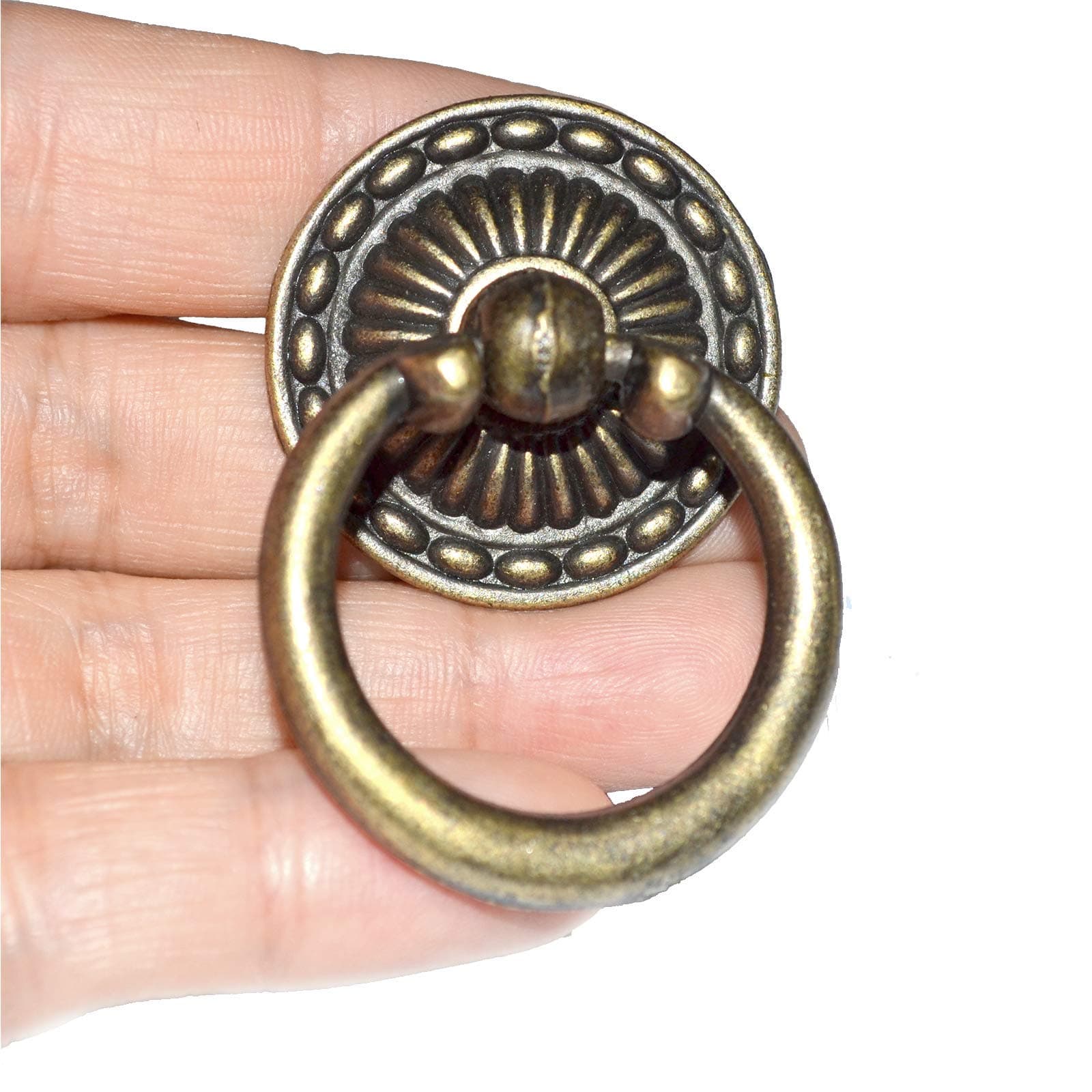 10 PCS Vintage Bronze Knobs Pulls Handles Antique Drawer Pull Ring Single Hole Decorative Hardware with Screws for Furniture Medium Size (Disk Dia: 1-1/4", Ring Dia:1-3/8", Height:2")