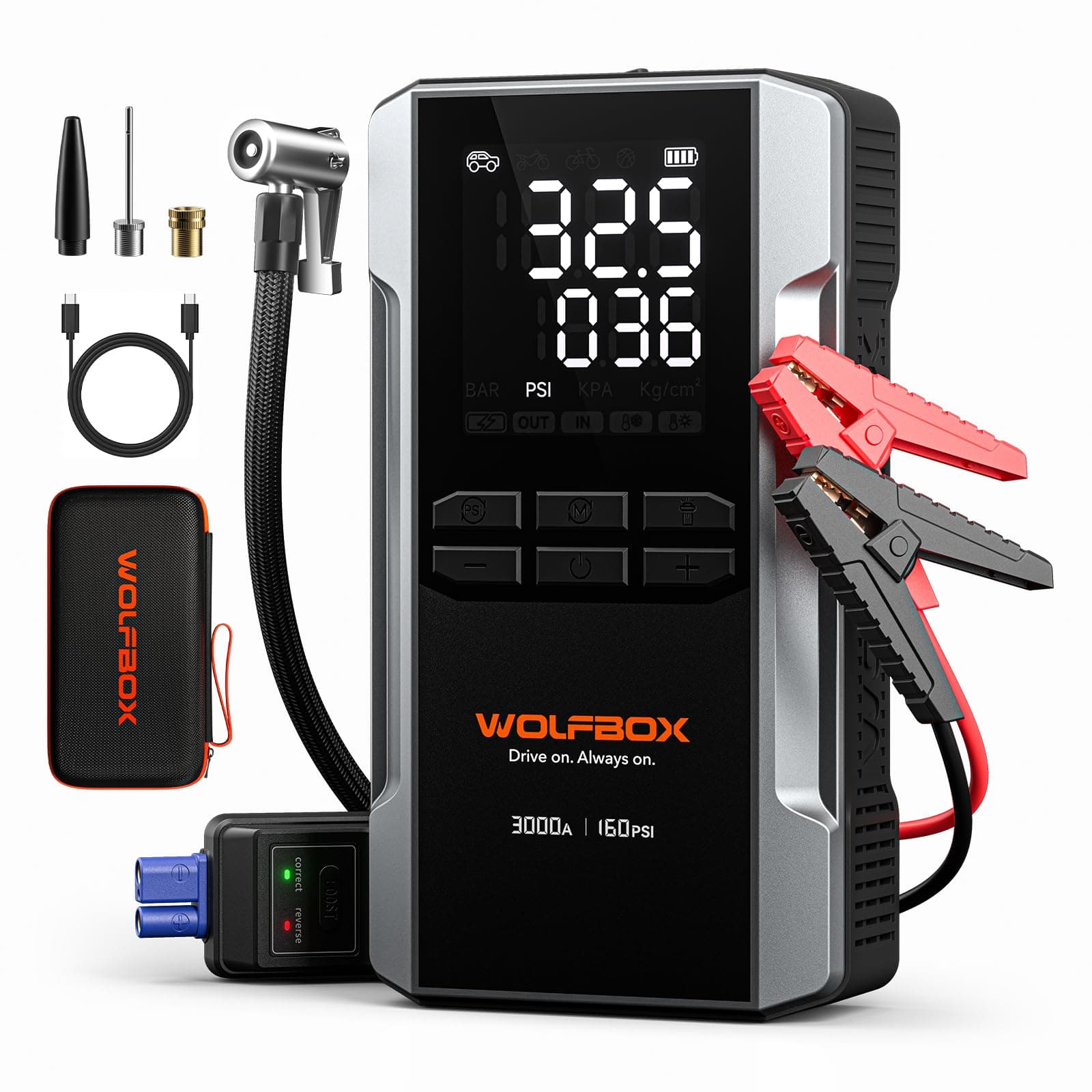 WOLFBOX 3000A Jump Starter Power Pack with Air Compressor,160PSI Portable Car Battery Booster Jump Starter with 65W Fast Charge, 12V Jump Pack (8L Gas 6L Diesel Engine) with Boost, Light, Jump Leads