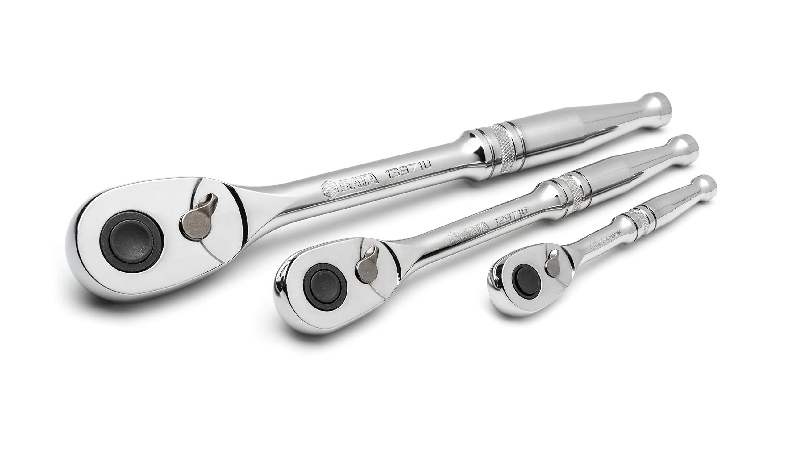 Sata 3-Piece Quick-Release Ratchet Set With Teardrop Head, Full-Polished Chrome Solid Handle, 1/4, 3/8, 1/2-Inch - St14901U