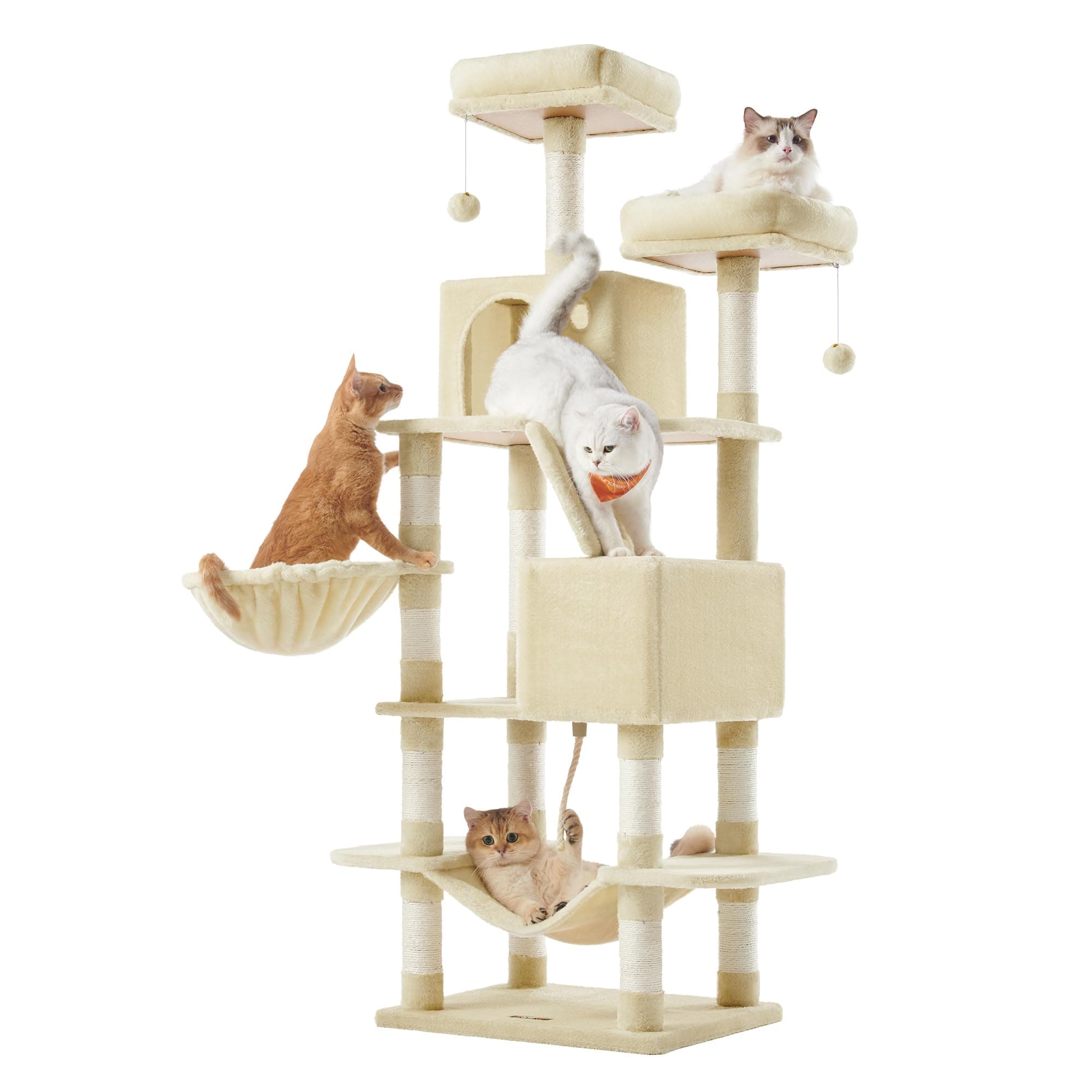 Cat Tree, 168 cm Large Cat Tower Condo with 13 Scratching Posts, 1 Scratching Ramp, 2 Perches, 2 Caves, Basket, Hammock, Pompoms, Beige PCT165M01V1