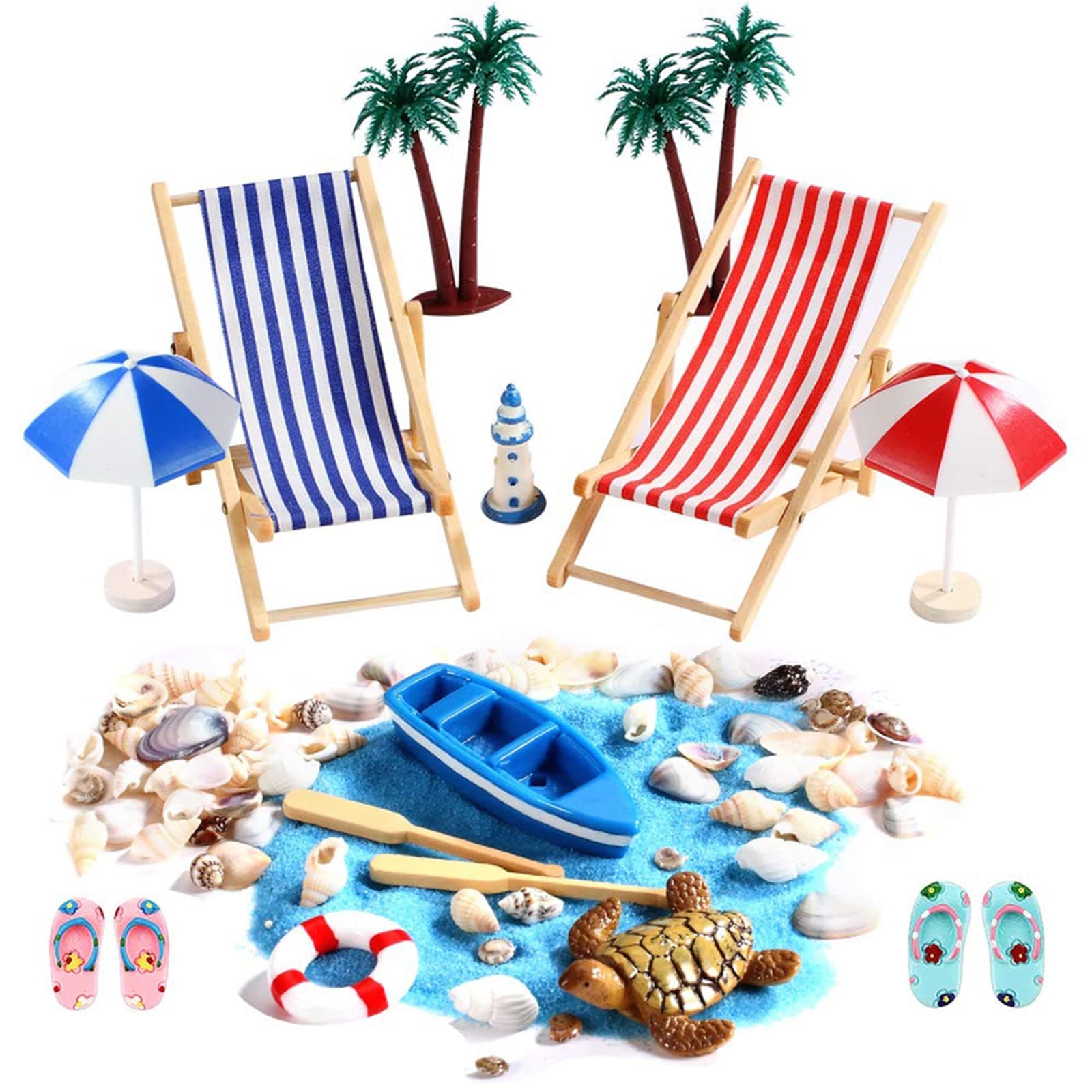 TSLBW 15 Pcs Beach Micro Landscape Miniature Decorations Mini Beach Decorations Mini Deck Chair Beach Chair Parasol Small Palm Tree Decorative Accessories for DIY Zen Garden Decoration Unique Gift
