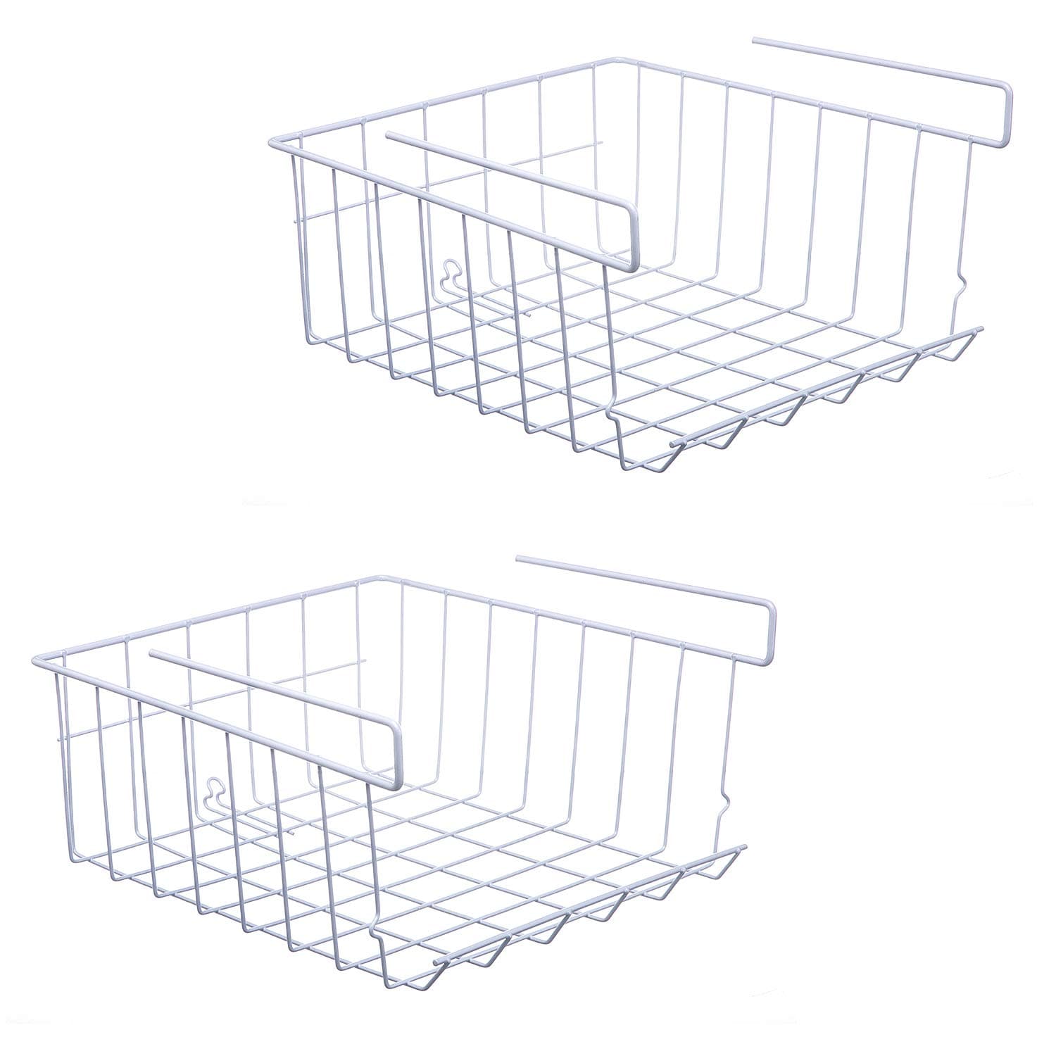 Under Shelf Storage Basket, 2-Pack Under Shelf Hanging Metal Wire Storage Basket Organizer for Kitchen, Office, Pantry, Bathroom, Cabinet, White