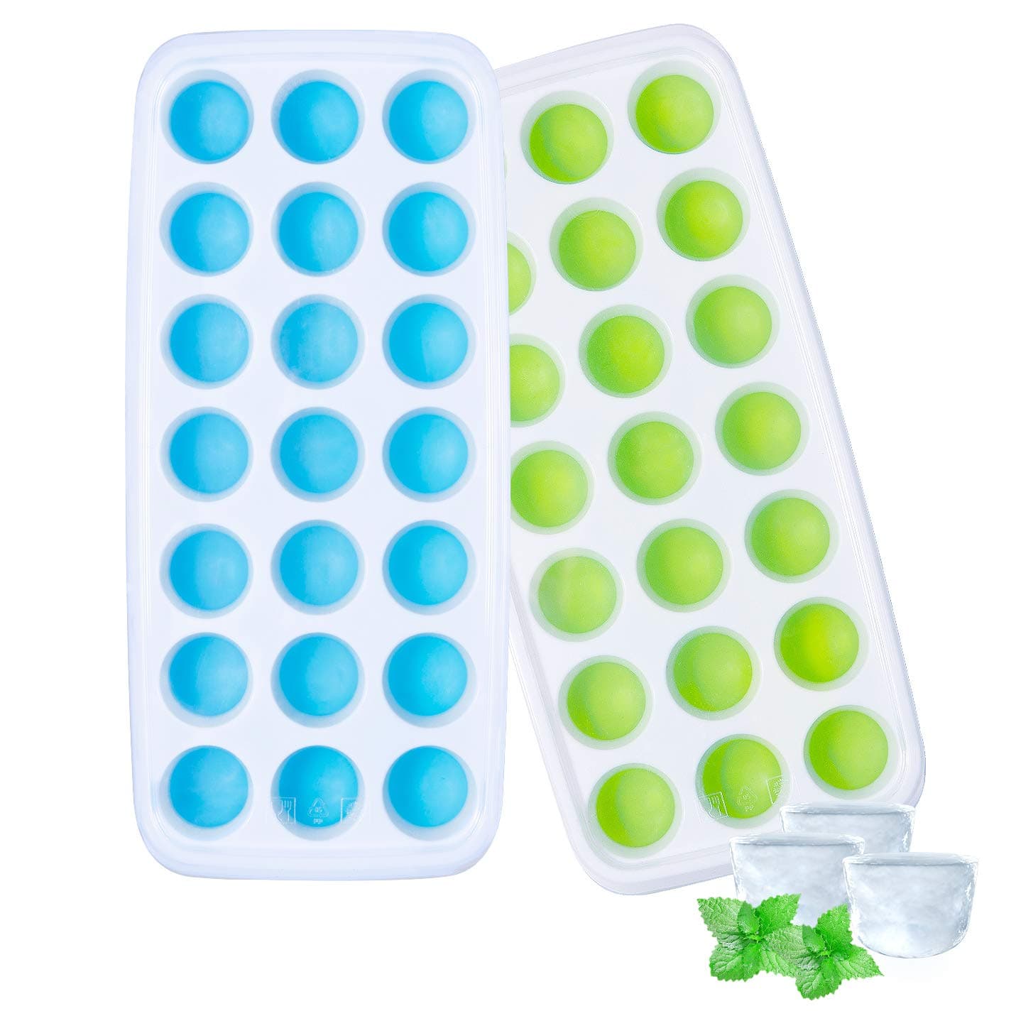 Ozera 2 Pack Silicone Ice Cube Trays with Lids, Stackable 42 Ice Cubes (Blue & Green)