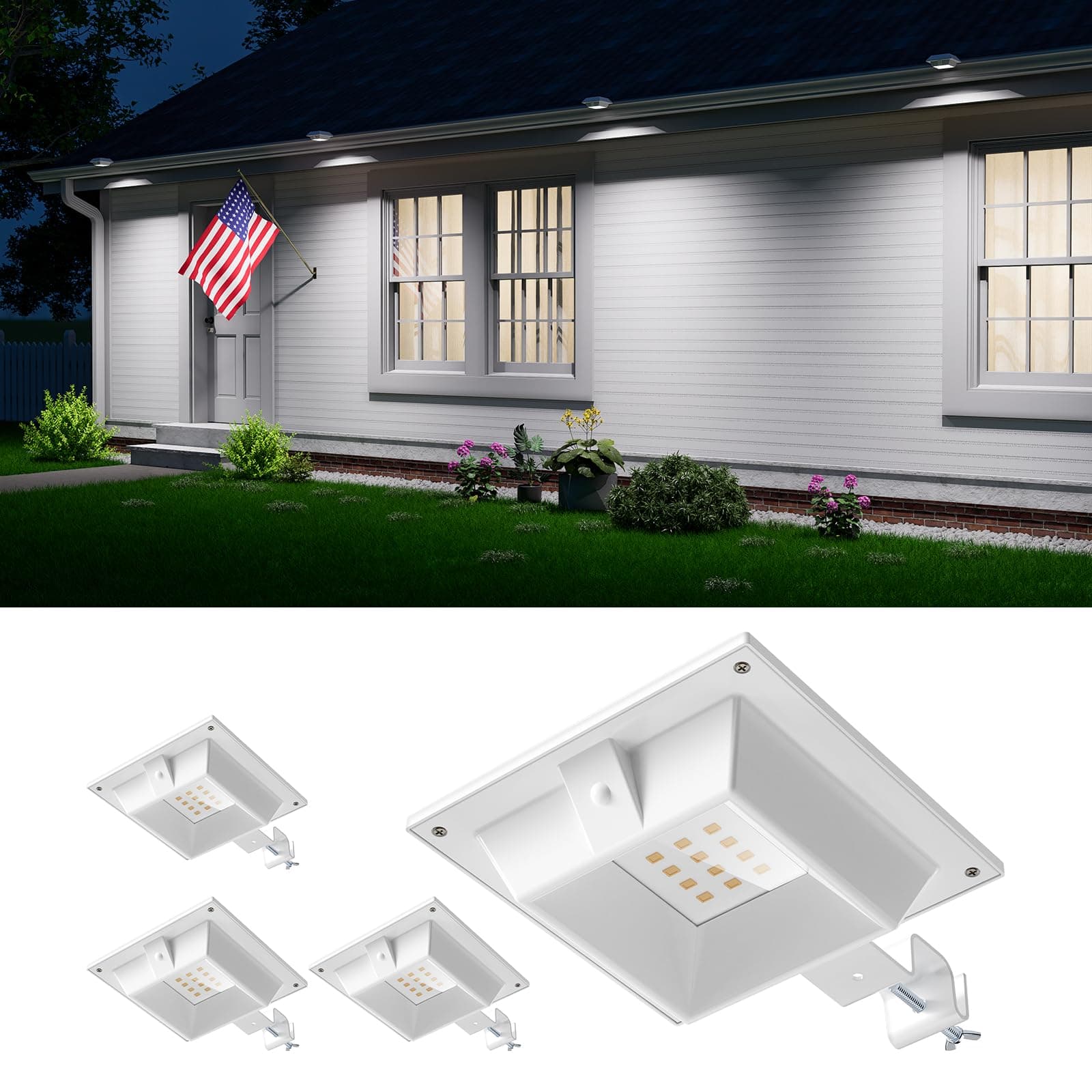 4 Pack White Solar Powered Gutter Lights Outdoor Decorative Waterproof 12 LEDs Yard Lamp for Lighting Fence, Railing, Outside Wall, Deck, Garden, Path, Backyard, Walkway, Patio, Holeless Installation