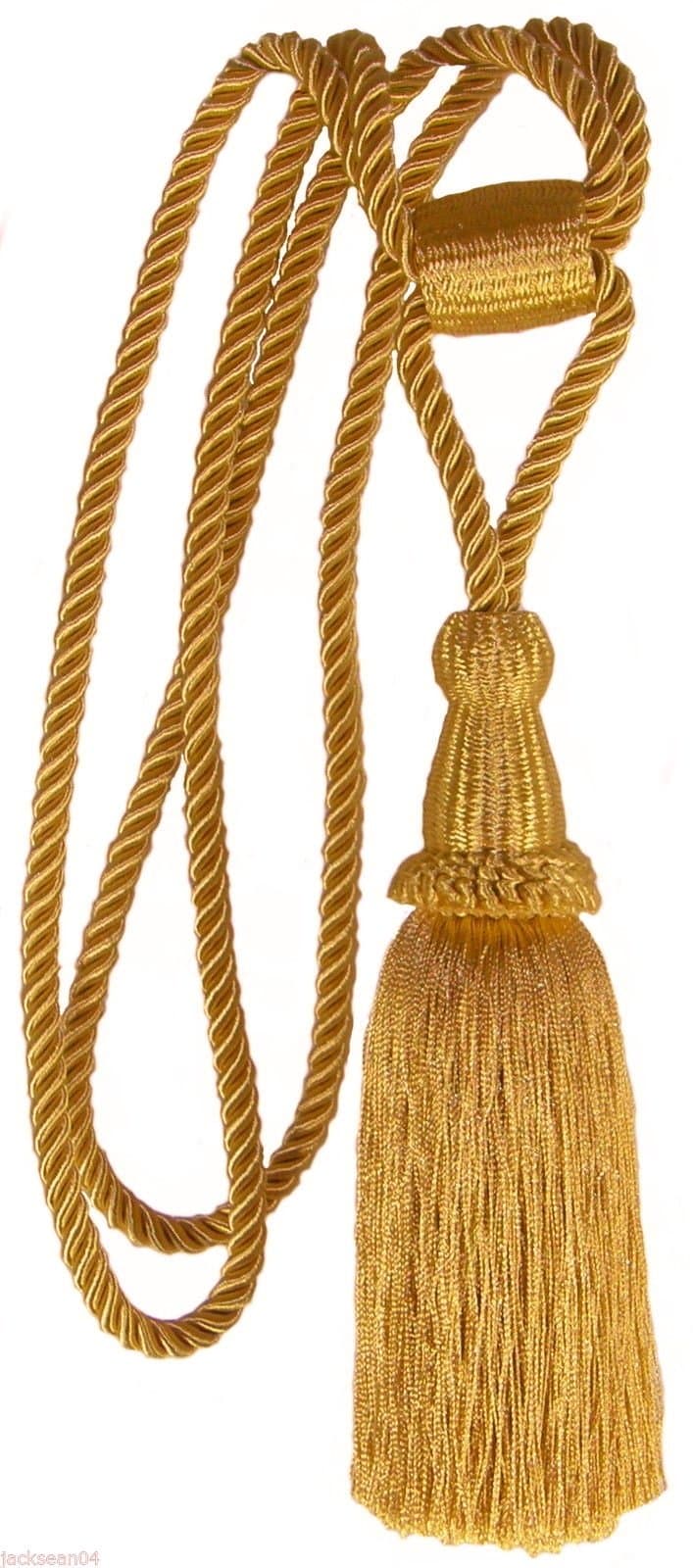 2 X GOLD SATIN TASSELED DRAPE CURTAIN ADJUSTABLE HOLD BACK TIE BACKS TIEBACKS 23"JO