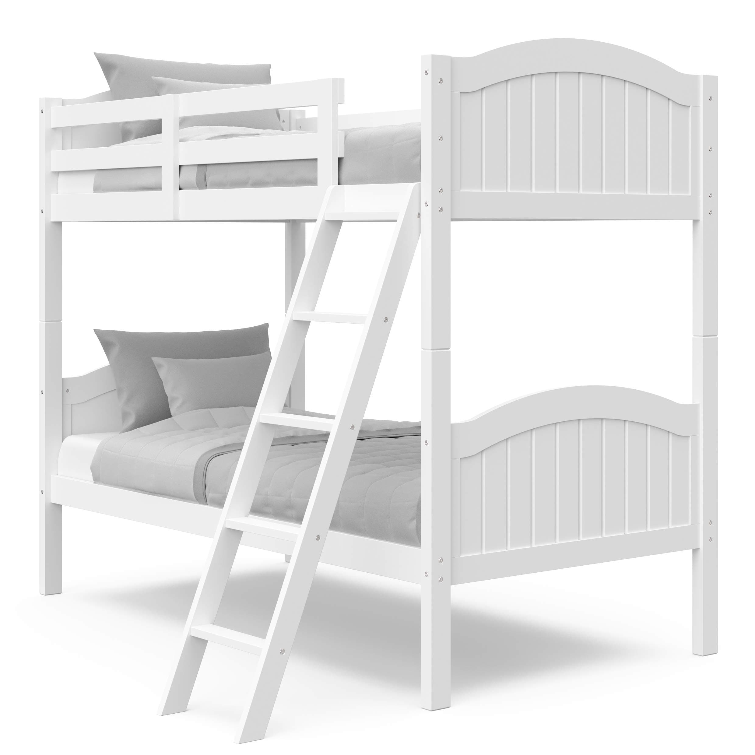 Lenox Solid Hardwood Twin Bunk Bed (White) - with Ladder and Full-Length Safety Rail