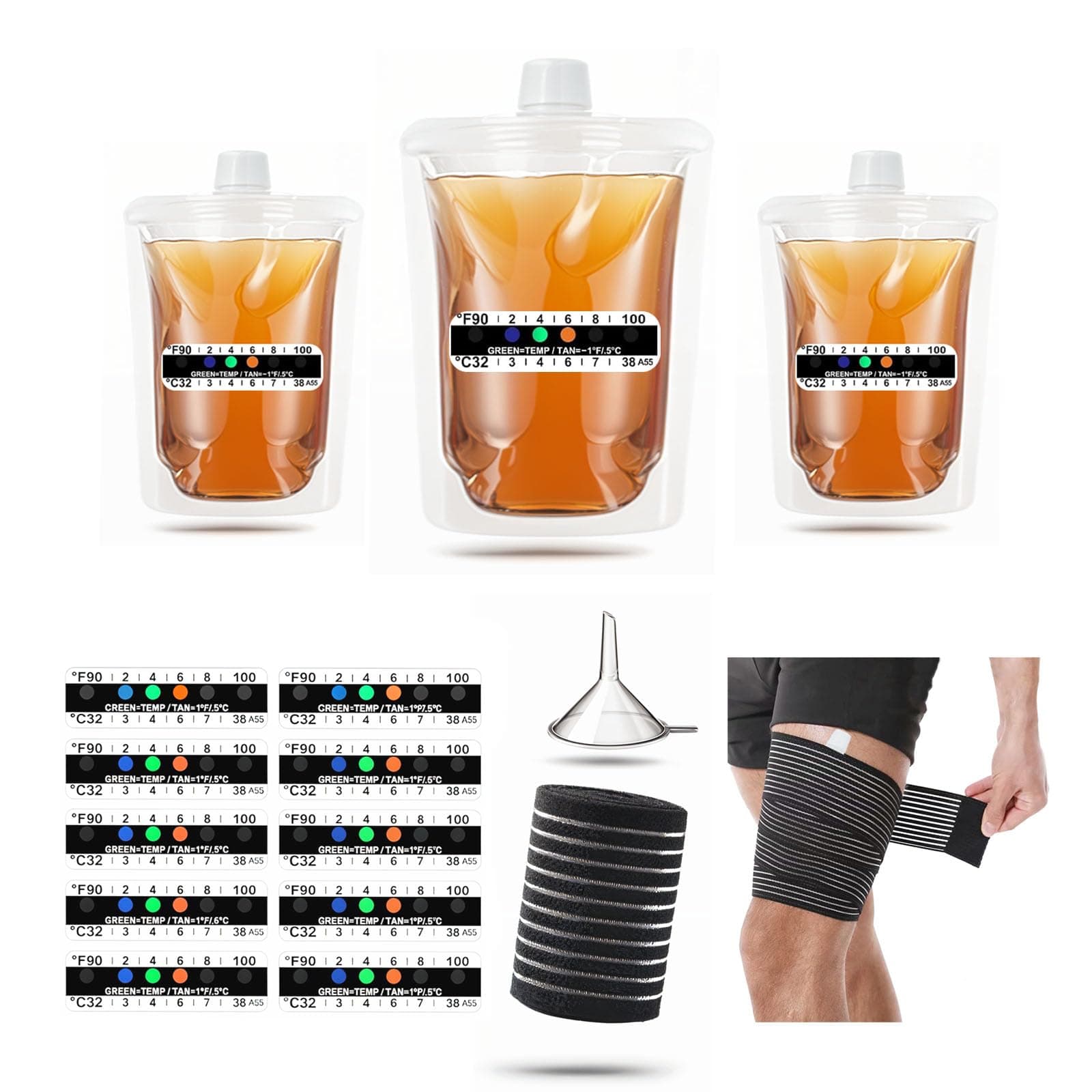 15 Pcs Urine Test Complete Kit Includes 3 Transparent Leakproof Bags,10 Adhesive Temperature Test Strips,47" Adjustable Leg Straps,Filling Funnel,Portable Travel Urine Test Bag(Hidden Style)