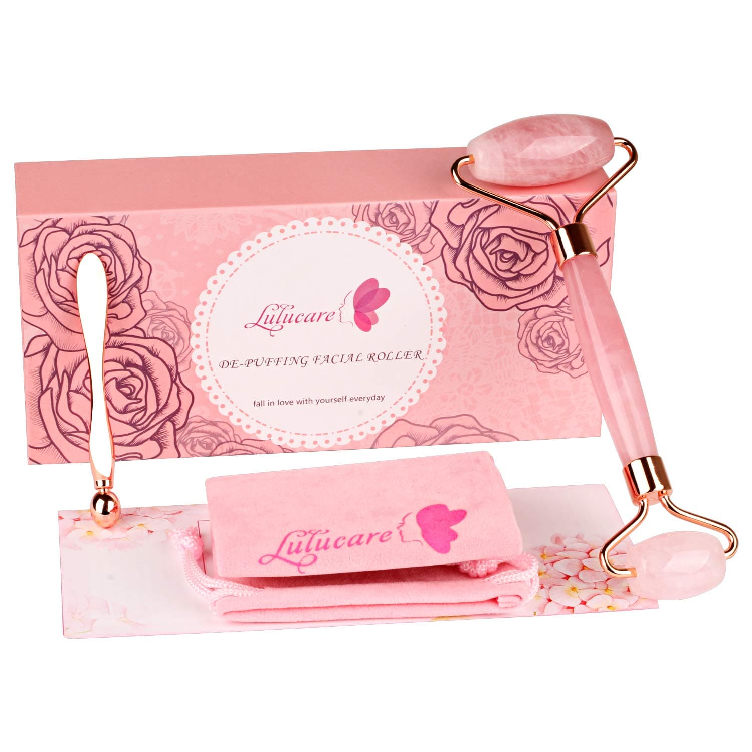 Rose Quartz Roller - Anti Aging Jade Roller for Face to Reduce Wrinkle - Jade Facial Roller + Free Facial Cream Spoon and Eye Cream Stick…