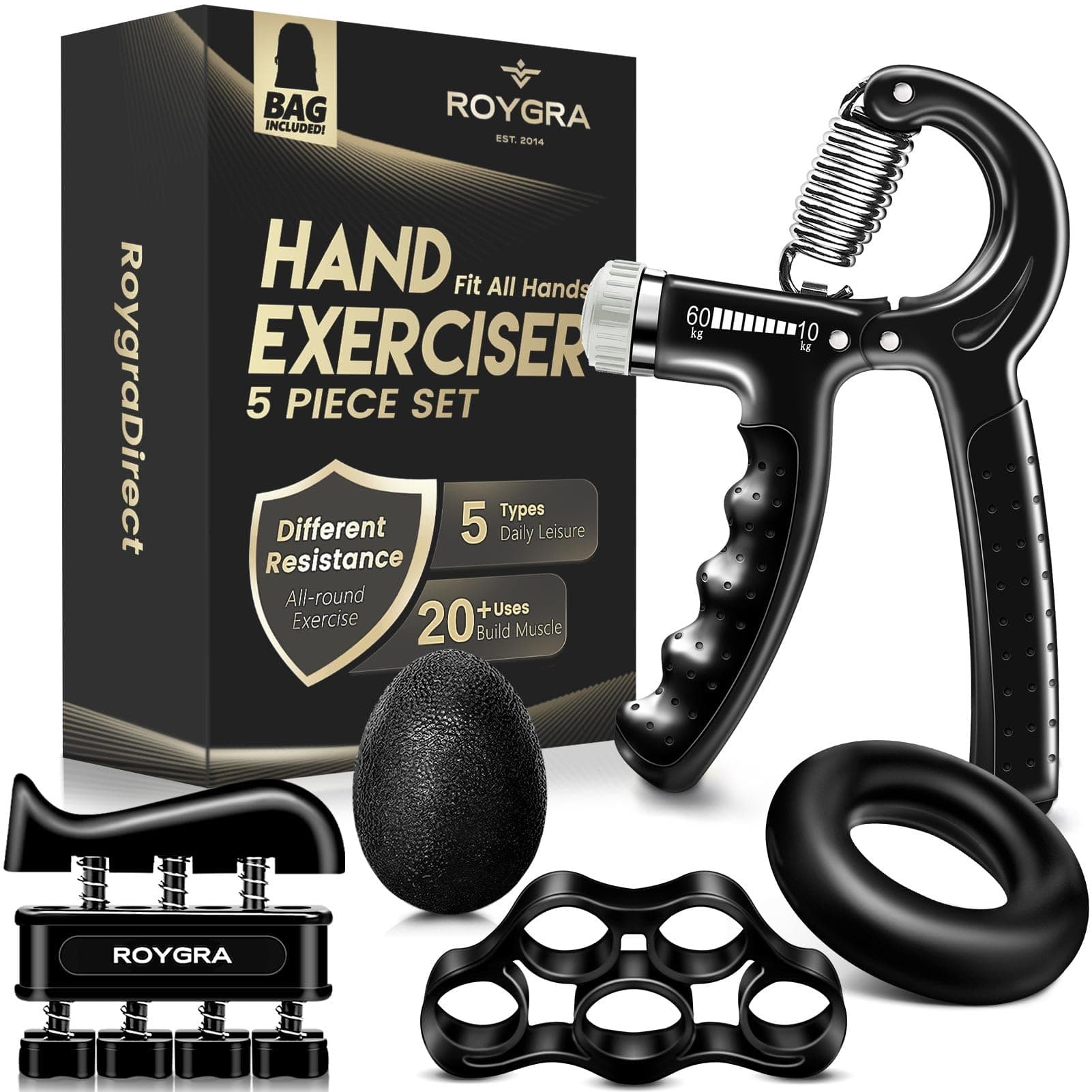 roygraGrip Strength Trainer, Forearm Workout, Hand & Finger Exerciser - 5 Pack