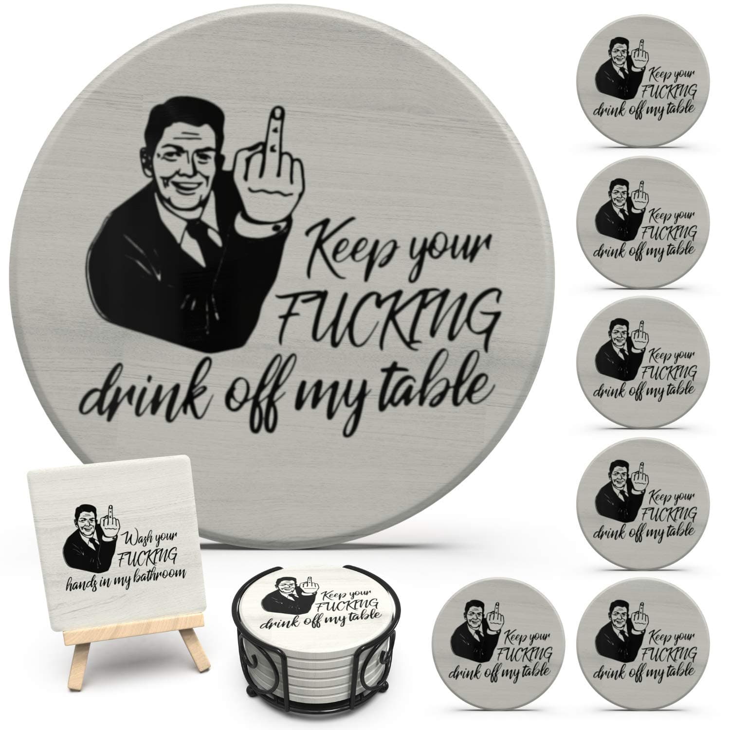 Coasters for Drinks, Funny Drink Coasters Absorbent with Holder 6 Pcs Absorbing Stone Funny Coaster Gift Set Housewarming Gift New Home Apartment Kitchen House Decor Gift for Women Men