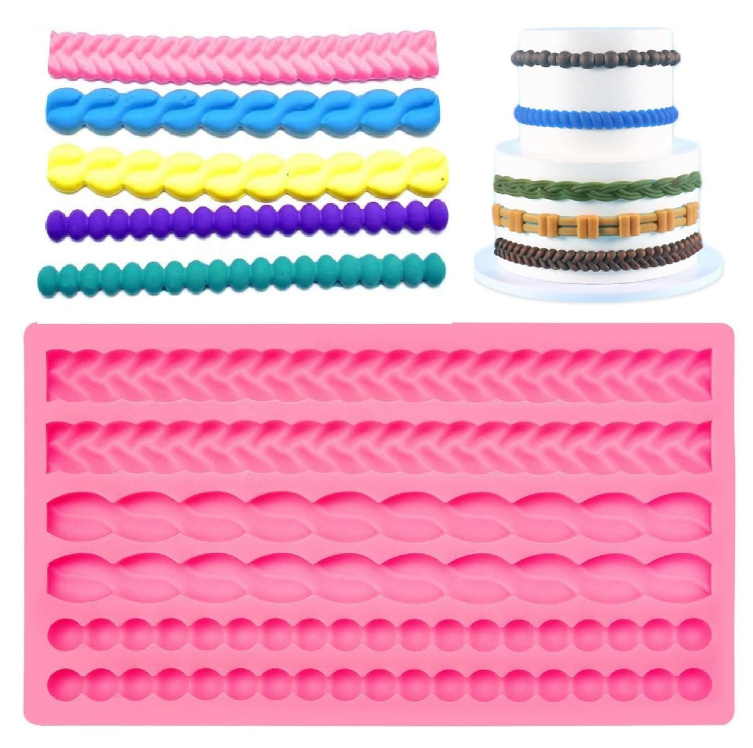 Rope & Leaf Strip Cake Border Mold for Cake Decorating By Garloy,The Food Grade Pearl Fondant Mold Non-Stick Pearl Silicone Mold for Clay Sugarcraft Cupcake Topper Crafting Projects