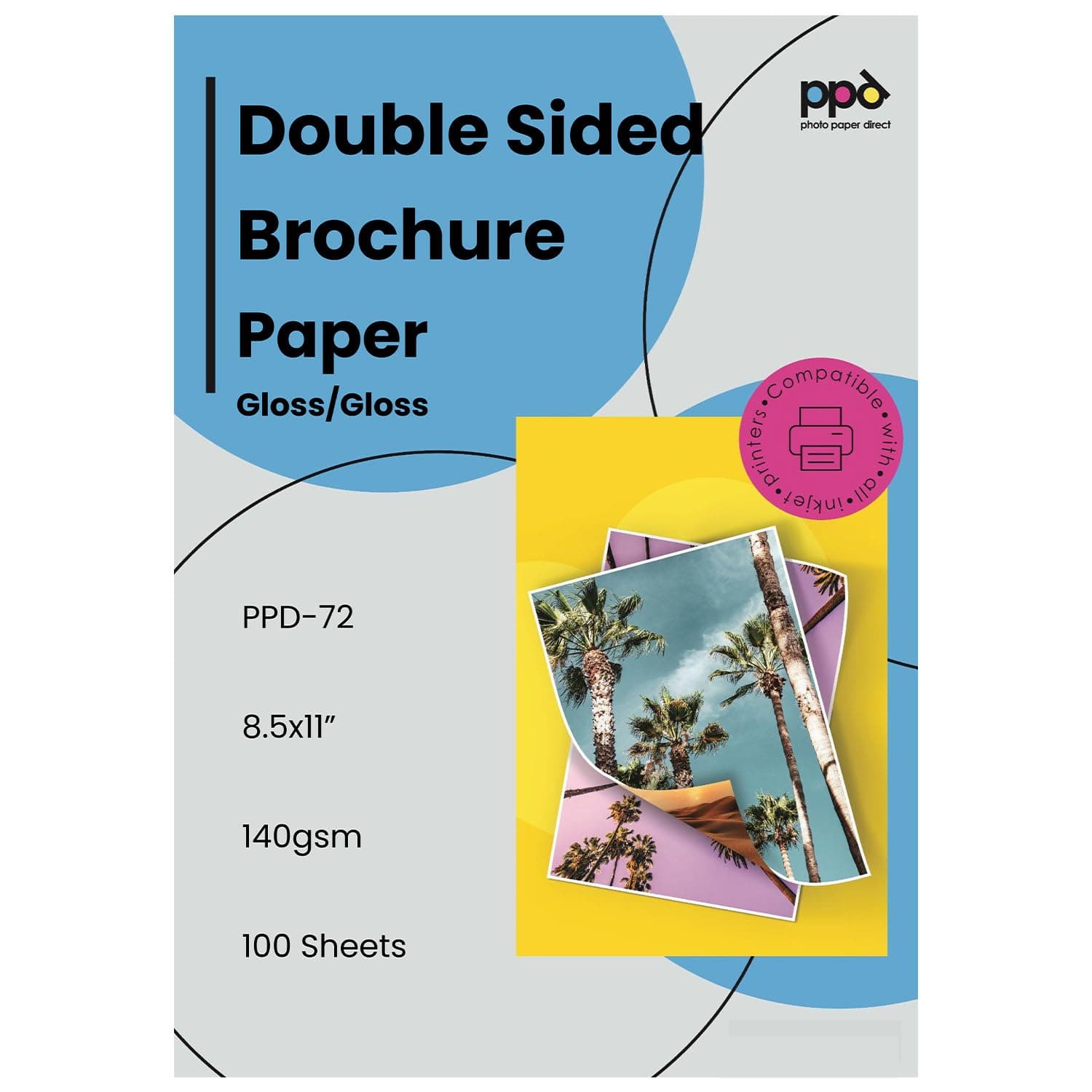 PPD PPD-72-100 Sheets Glossy Brochure & Flyer Paper 8.5x11 16.8kg 140gsm Professional Quality Double Sided Instant Drying and Water Resistant 100 Sheets