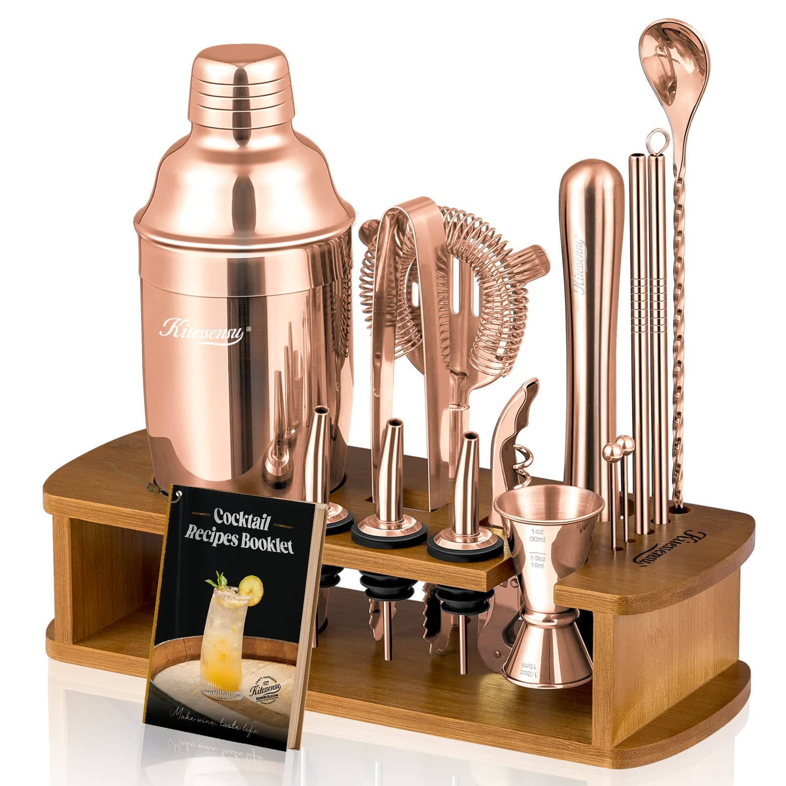 Cocktail Shaker Set Bartender Kit with Stand - Drink Mixer Bar Set with All Essential Bar Accessory Tools - Martini Shaker Jigger Strainer Mixer Spoon Muddler Liquor Pourers - Rose Gold
