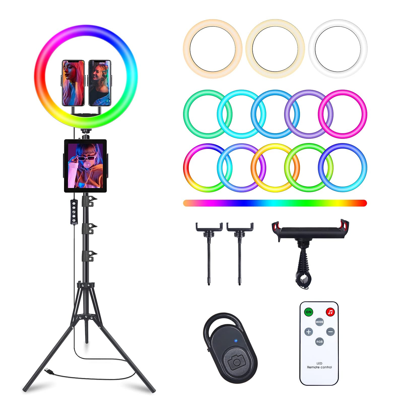 13" Selfie Ring Light with 76" Tripod Stand & 3 Phone Holder, LED Camera Ringlight with 48 RGB Colors Modes & Musical Rhythm Mode and 12 Brightness Dimmable for Makeup/Photography/Videos/Vlog/TikTok