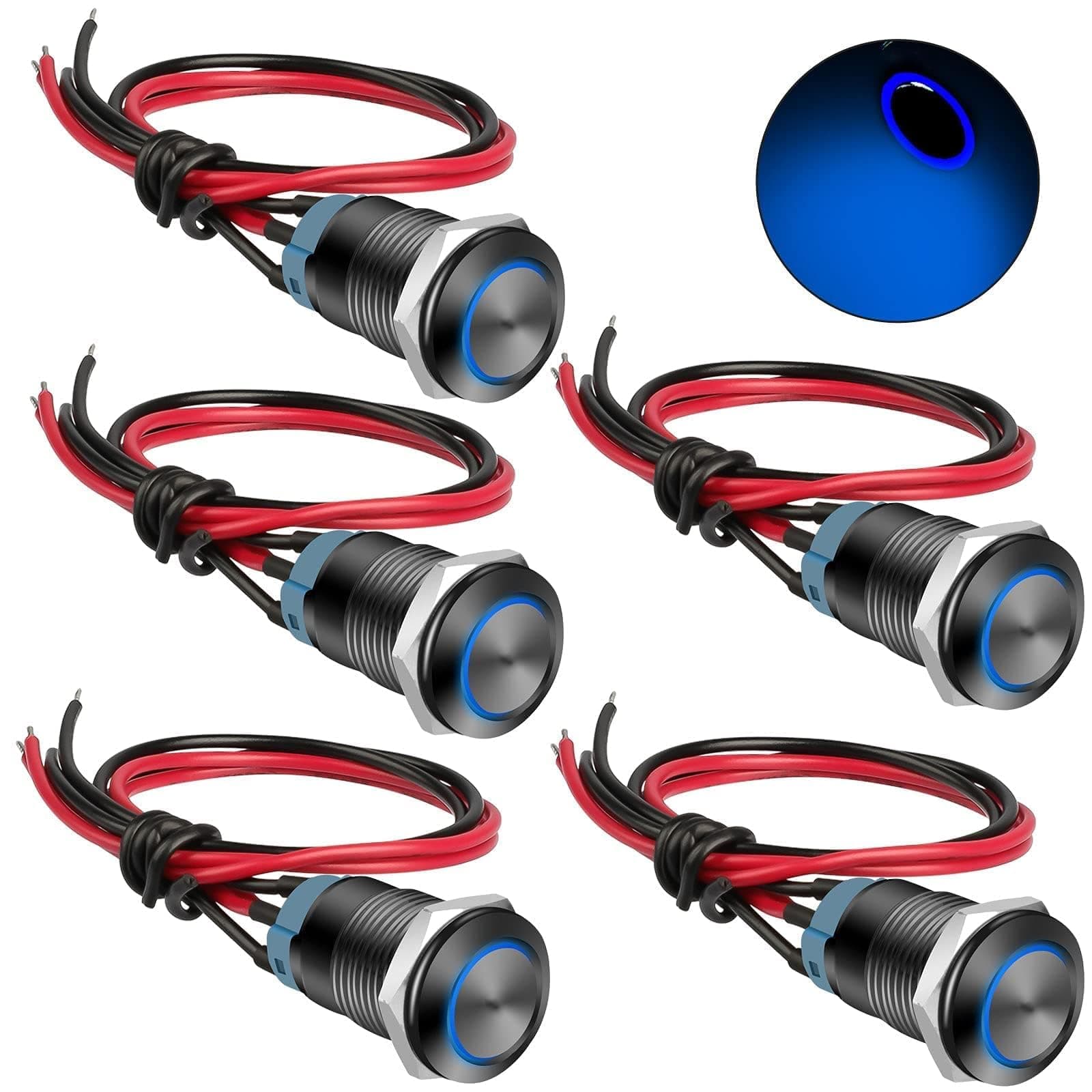 Linkstyle 5Pcs 12mm Latching Push Button Switch, Waterproof SPDT ON Off Self-Locking Switch Metal with Pre-Wired & LED for Boat Car