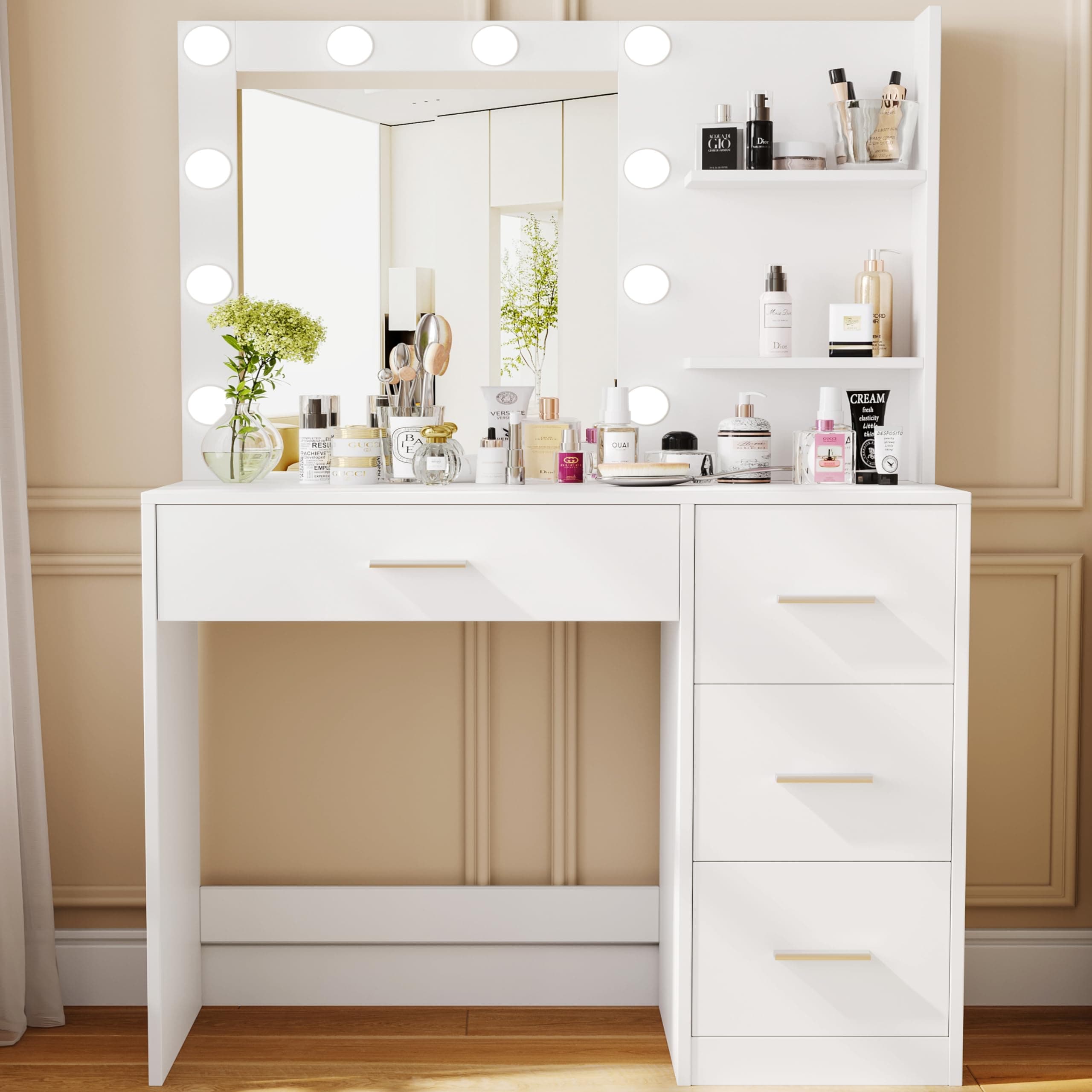 Rovaurx Vanity Desk with Mirror and Lights, Makeup Vanity Table with Storage Shelves and 4 Drawers, Bedroom Dressing Table, 10 LED Lights, 3 Color Modes & Adjustable Brightness, White