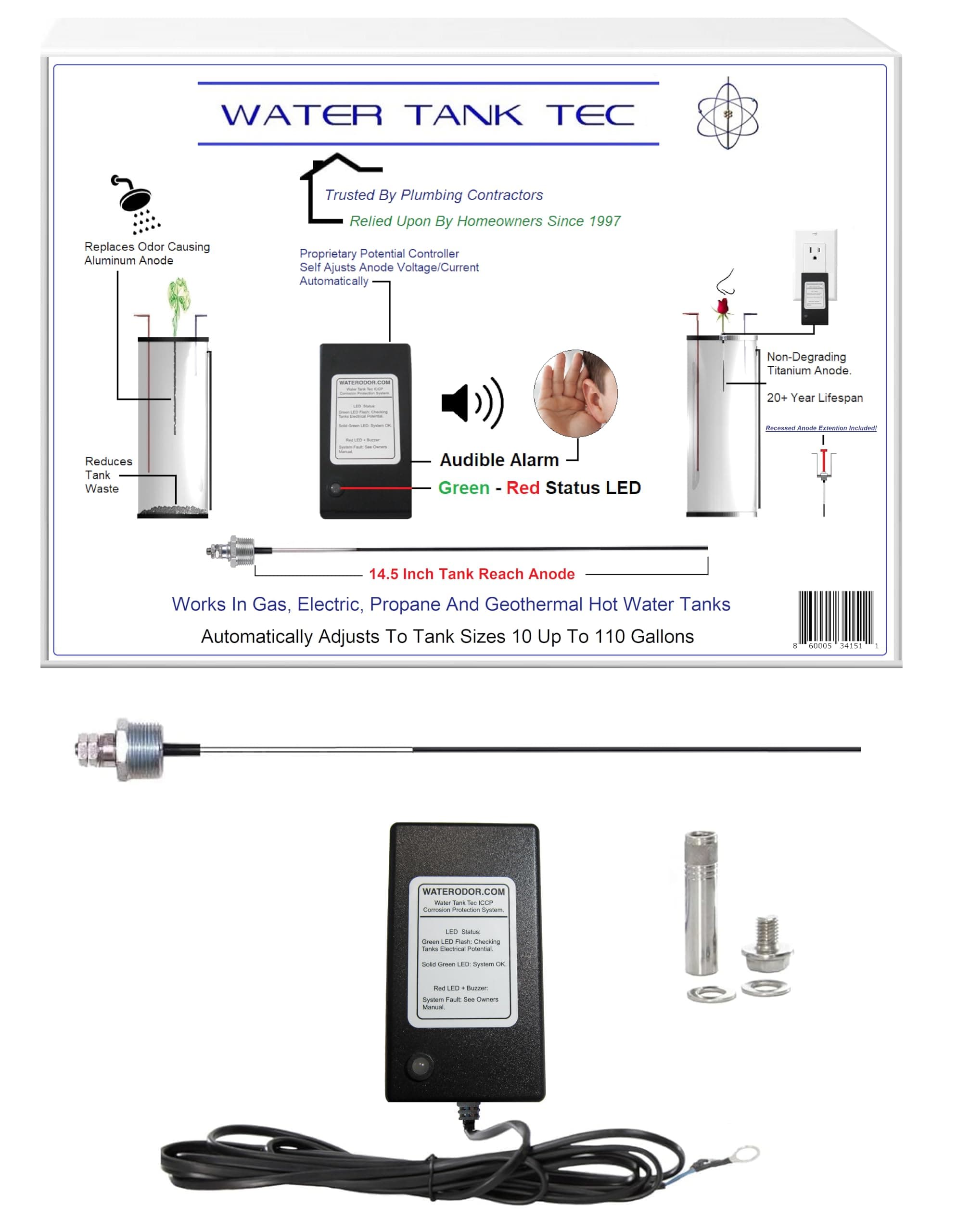 Solid State Self-Monitoring Powered Anode System. Replaces Rotten-Egg Smelling Aluminum Anode. Warranty on Controller & Anode for as long as you own it. For 10 to 110 Gallon Tanks.
