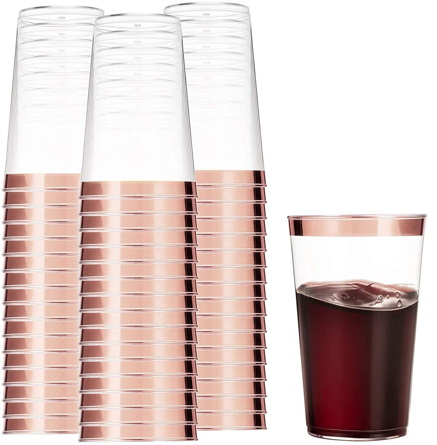 Munfix 100 Rose Gold Plastic Cups 16 Oz Clear Plastic Cups Tumblers Rose Gold Rimmed Cups Fancy Disposable Wedding Cups Elegant Party Cups with Rose Gold Rim