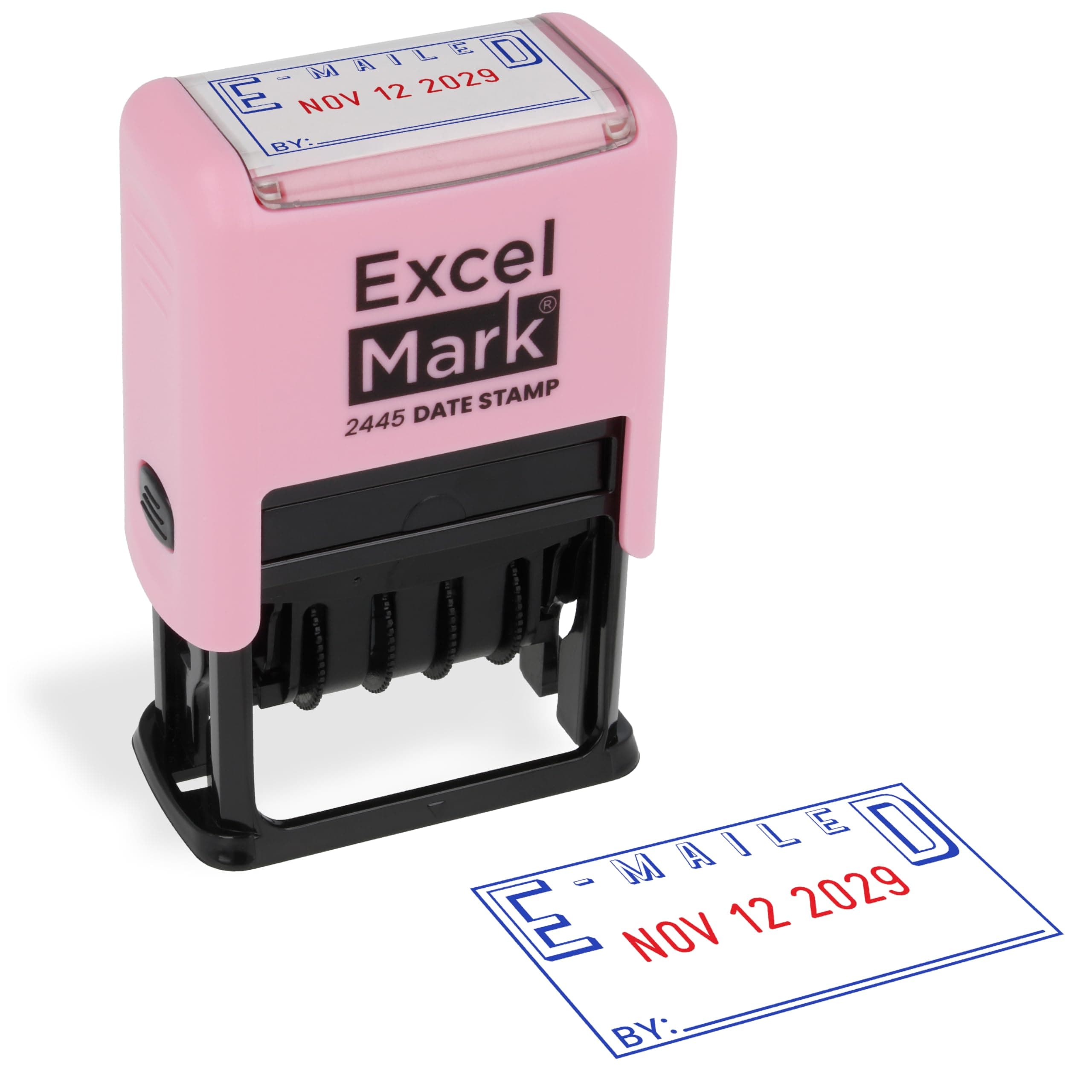 ExcelMark 2445 Date Stamp with Text - Blue and Red Ink (Pink Mount, Emailed)