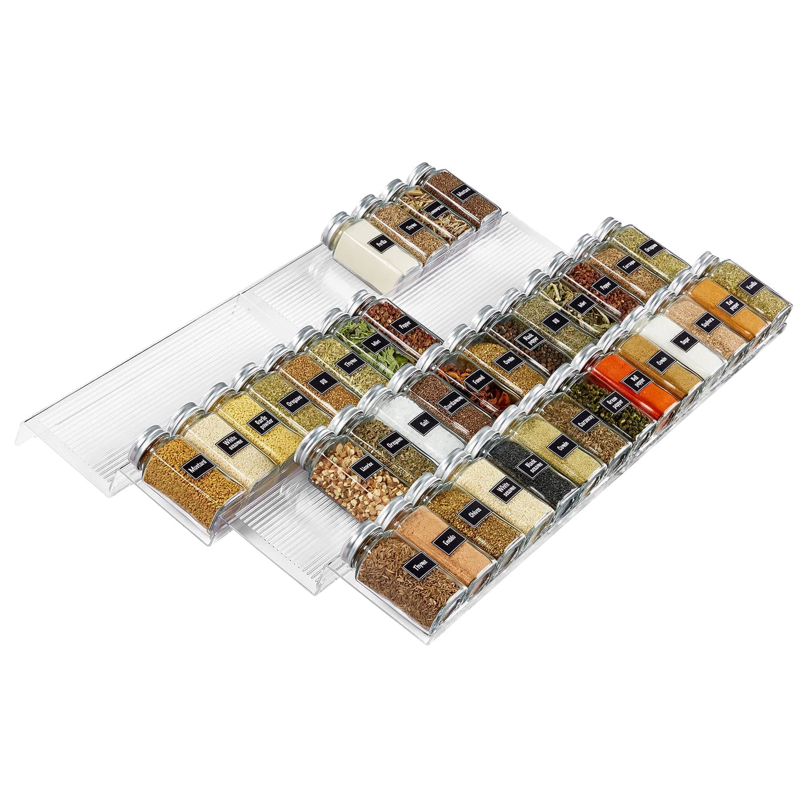 Lifewit Adjustable Plastic Spice Tray, Kitchen Drawer Organizer for 64 Condiment Jars, for Organizing Countertop, Cabinet, Shelf, 4-Tier, 8-Pack, Clear