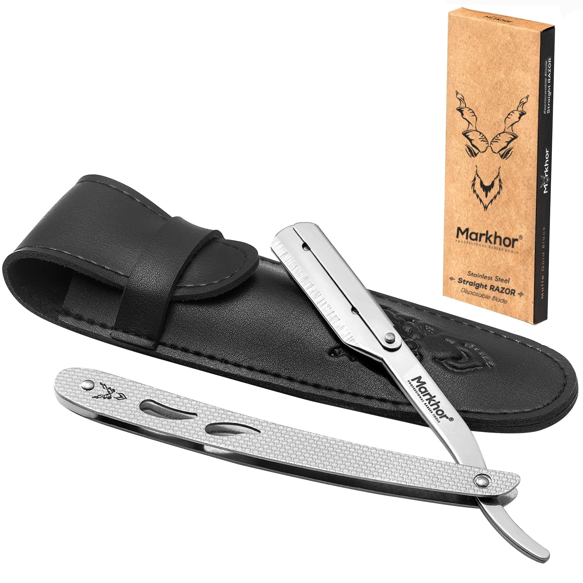 MARKHOR® Rose Wood Polish - Cut Throat Razor Kit – Mens Straight Razor, Barber-Grade Cutthroat Razor, Professional Straight Edge Beard Razor for a Clean & Precise Shave (Silver)