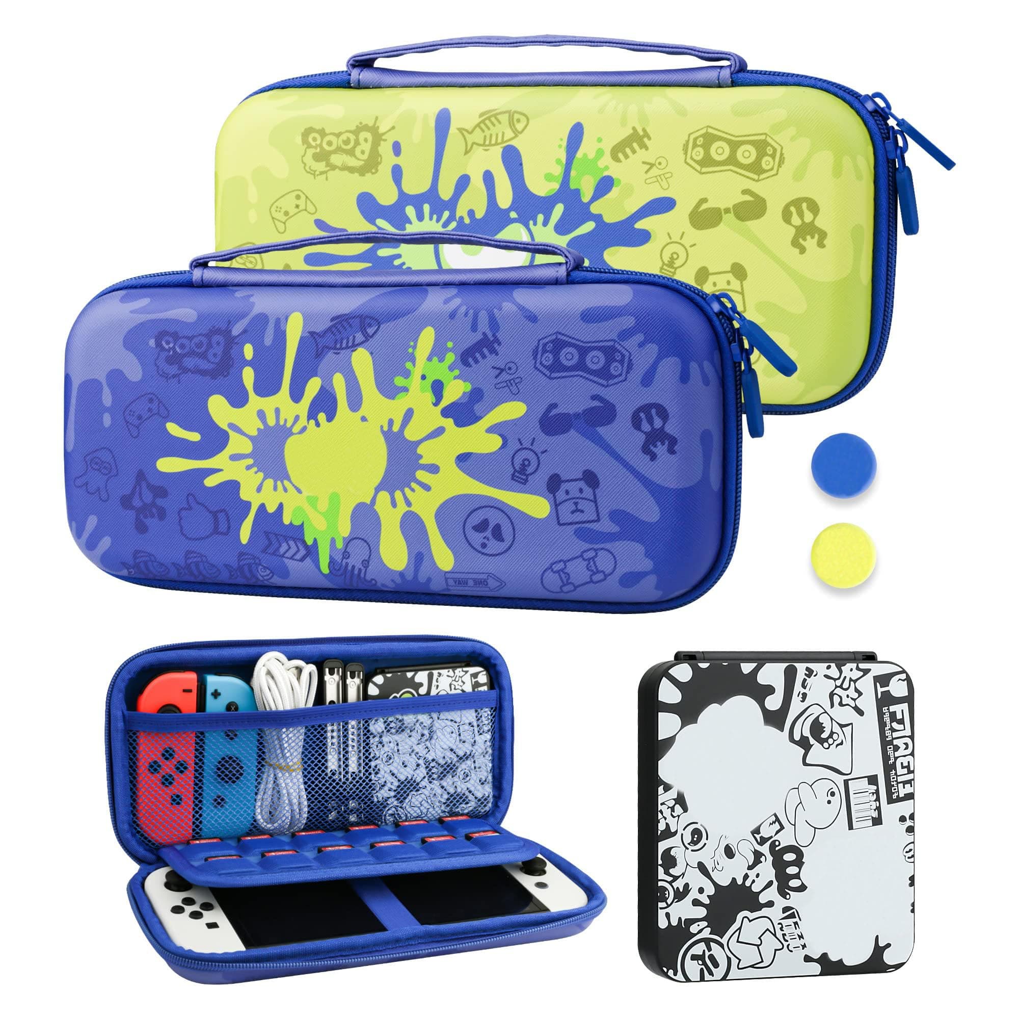 RHOTALL Blue Carrying Case for Nintendo Switch & Switch OLED Cover for splatoon 3, Hard Portable Travel bag for Switch Game Accessories Bundle Kit with Game Case and 2 Thumb Caps - for boys girls