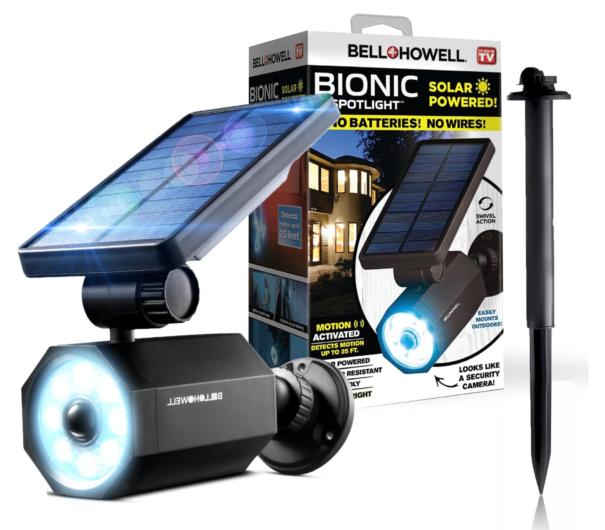 Bell+Howell 2963 Bionic Spotlight Solar Spot 25 Feet Motion Sensor, Sun Panels, Waterproof Frost Resistant Patio, Yard and Outdoor Lighting As Seen On TV, Black