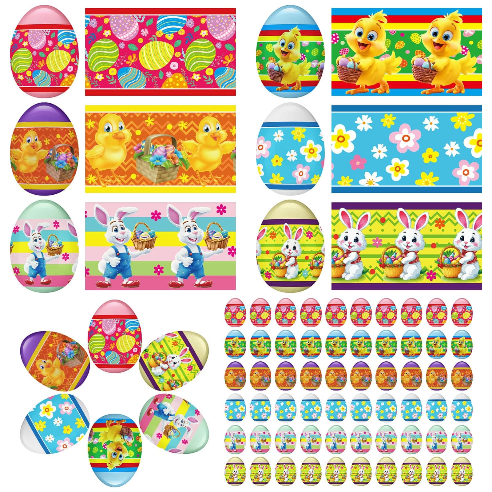 Frienda 60 Pcs Easter Egg Shrink Wraps Bulk Thermo Heat Shrink Sleeves Decorative Egg Wrappers Plastic Cute Bunny Ducks Chickens Arounds Stickers for Easter Party Decorating Kit