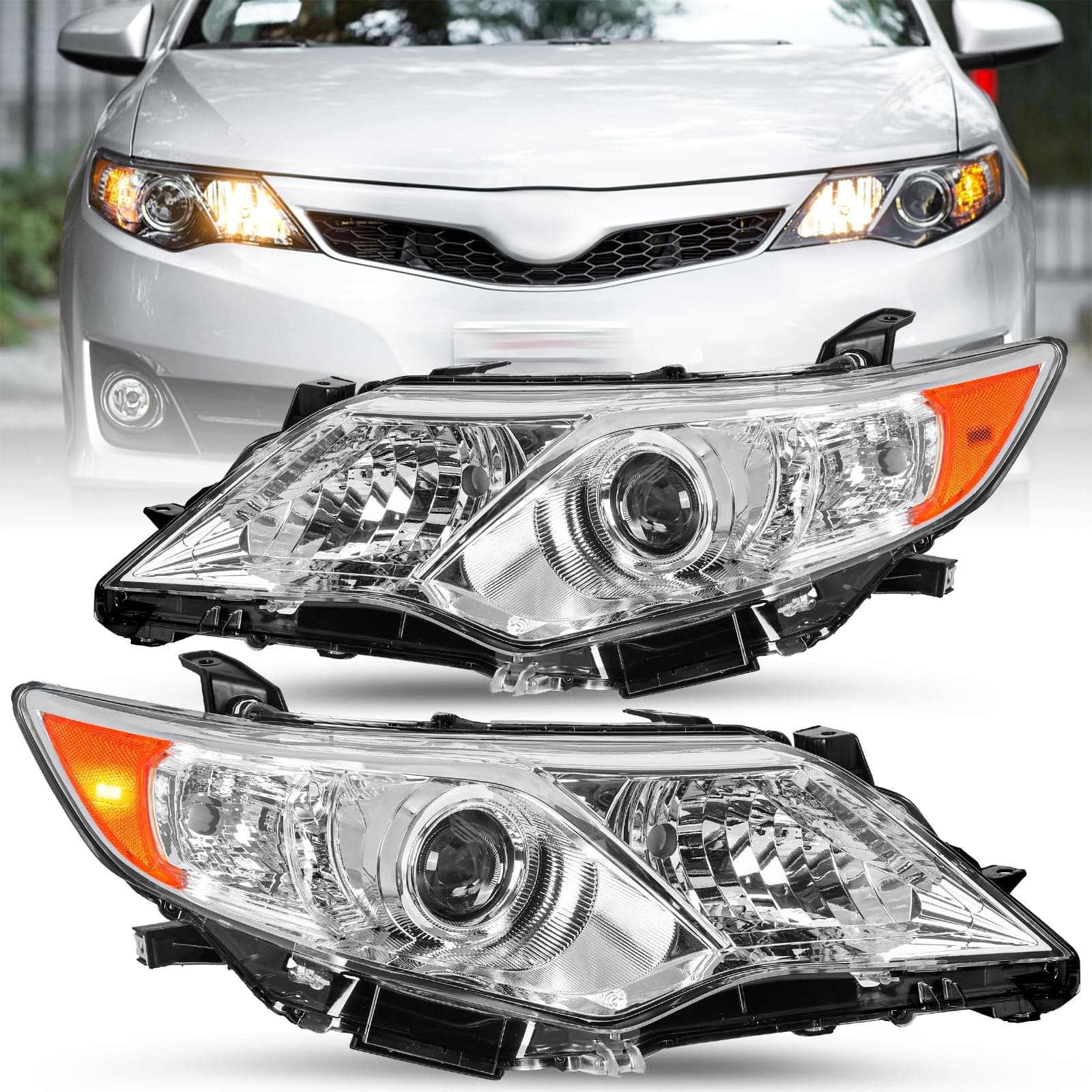 JSBOYAT Fit for 2012 2013 2014 Toyota Camry Headlight Assembly SE/L/LE/XLE/Hybrid Projector Headlamp Driver Passenger Side(Chrome Housing & Amber Reflector)