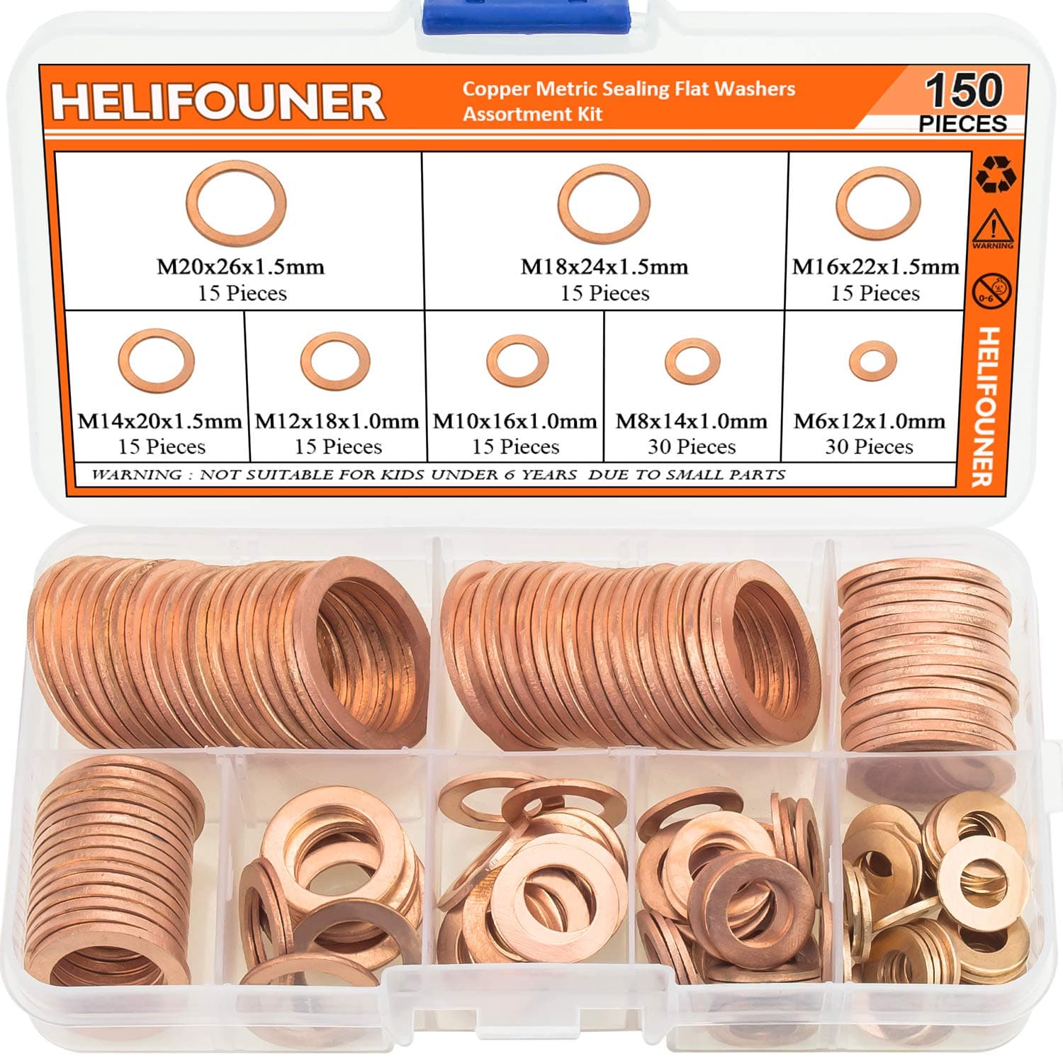 Copper Washers, 150PCS 8 Sizes Copper Metric Sealing Washers Flat Washers Assortment Kit