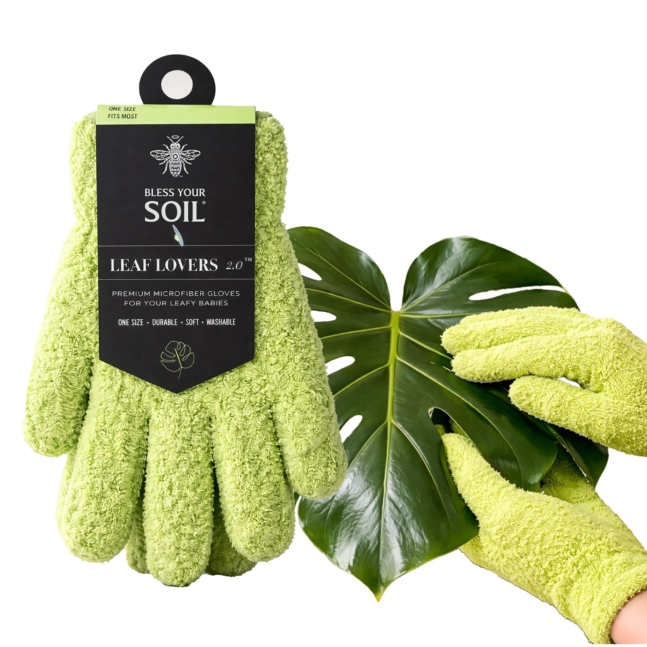 BLESS YOUR SOIL Microfiber Dusting Gloves for Plants : Premium, Gentle, Traps Dust, Washable, Lint Free : Use with Big Leaf Energy ready-to-use spray for houseplants