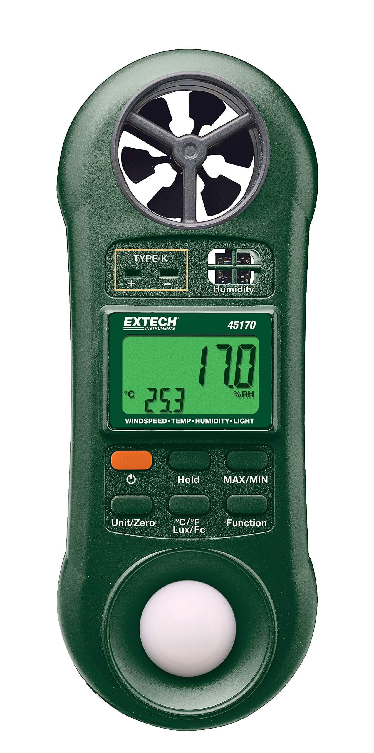 45170 4-in-1 Environmental Meter: Digital Anemometer, Hygrometer, Light Meter, and Thermometer - Pocket Sized Air Velocity, Humidity, and Lux Tester for HVAC, Greenhouses, and Home Inspection