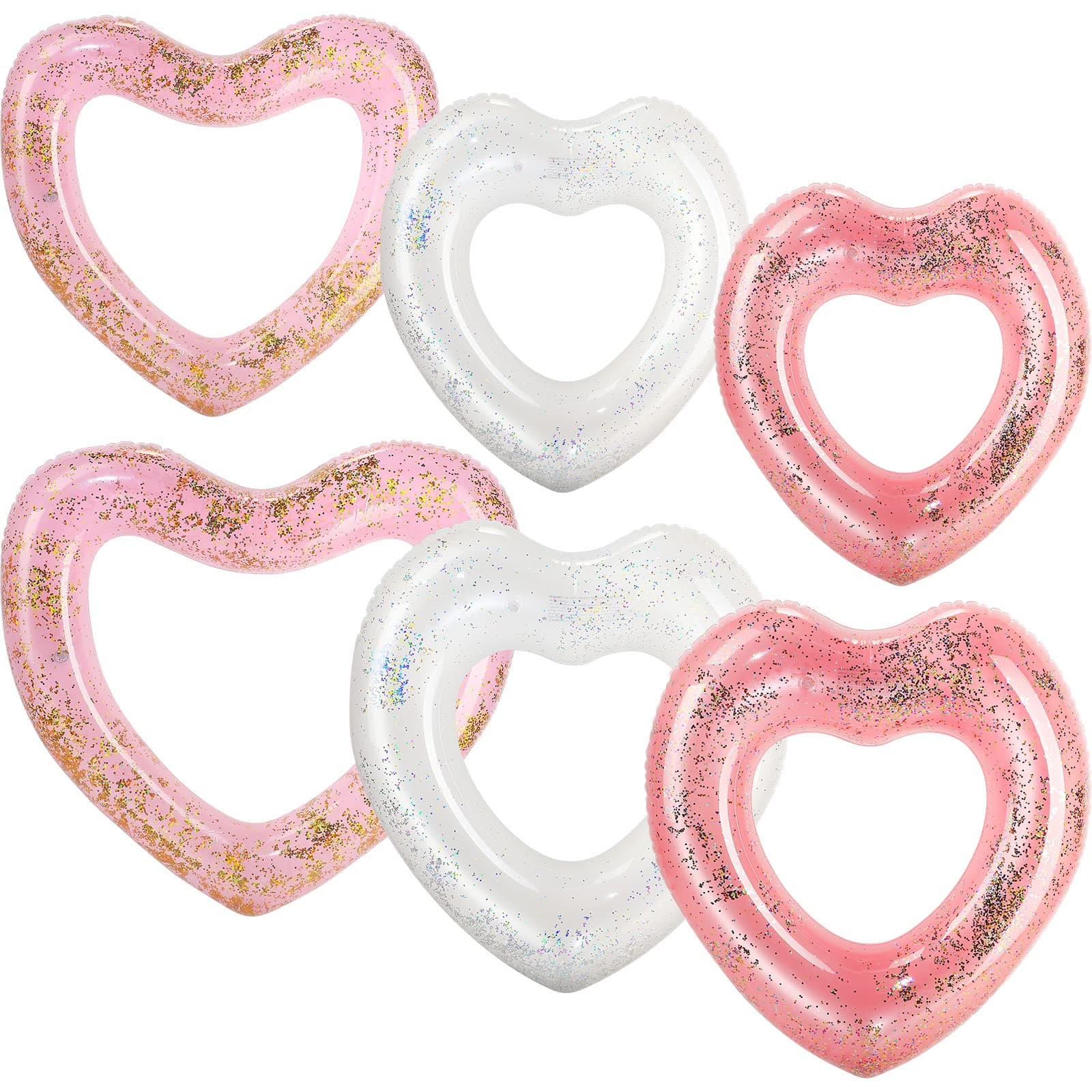 Lenwen 6 Pcs Heart Pool Float, 43"/31" Inflatable Glitter Heart Floatie Tubes Heart Bachelorette Party Prop Heart Summer Swimming Ring for Wedding Betrothal Party Decor