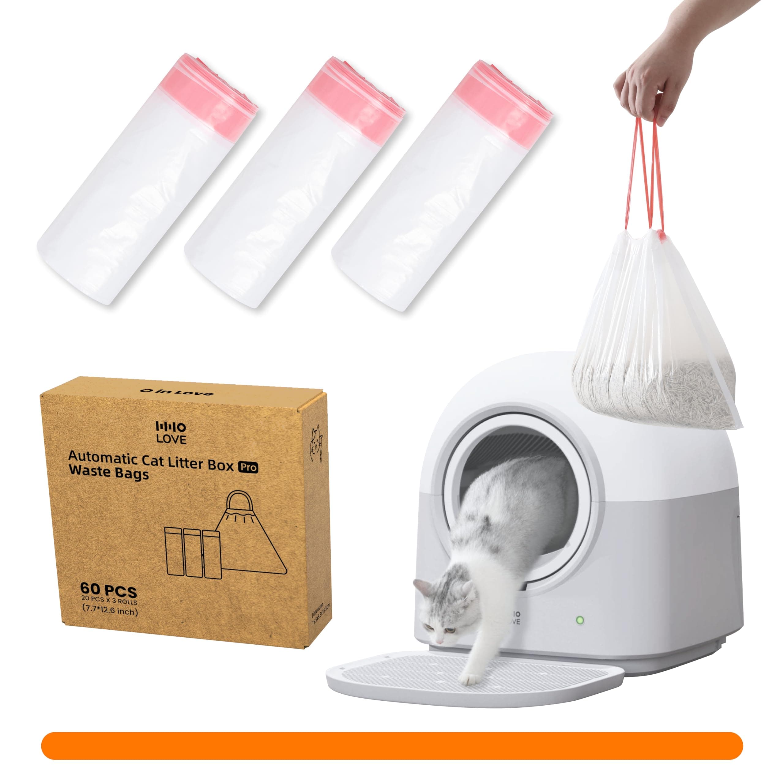 Waste Bags(60 Count) for Self-Cleaning Litter Box Automatic Electronic Hands-Free Smart Robot self Cleaning Litter Box Liner- Safe Anti-Pinch, Odor Control,for Multiple Cats
